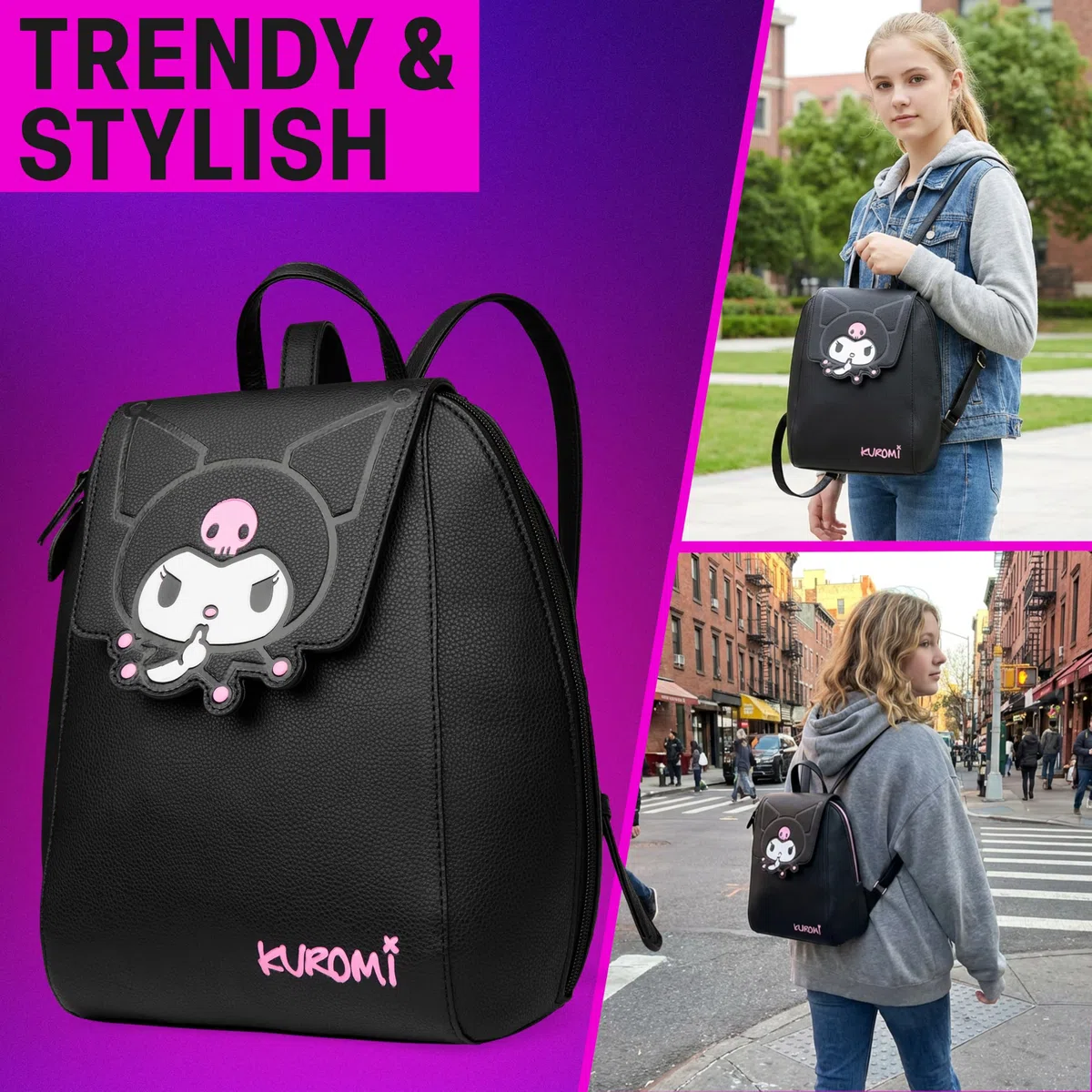 Get Trend Hello Kitty Sanrio Kuromi Zaino Donna e Adolescenti, Anime Zainetto Viaggio, Pelle PU Borsa Tracolla, Regalo per Lei (Nero Kuromi)