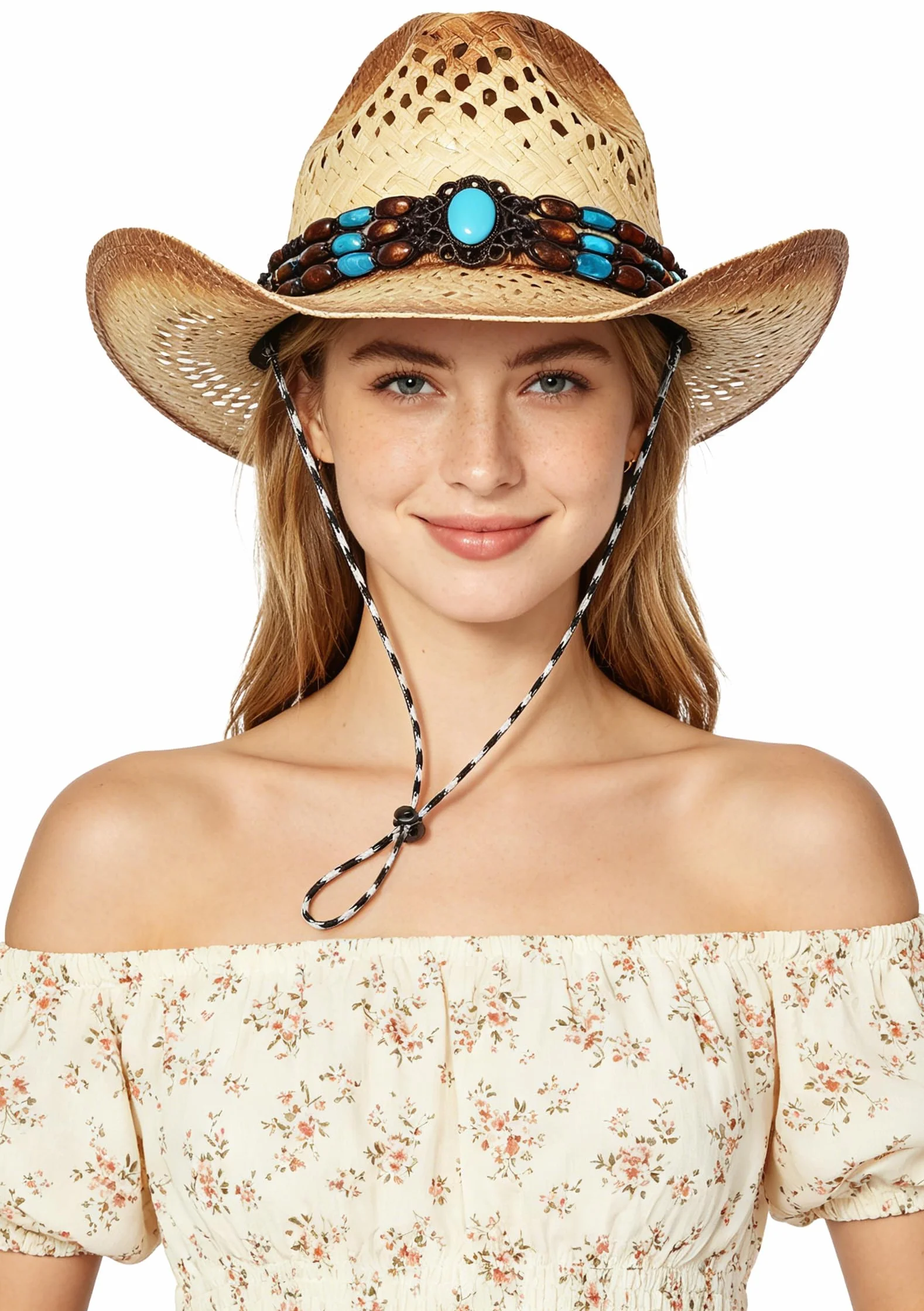 GEMVIE Cappello da Cowgirl in Paglia da Donna, Cappello da Cowboy da Spiaggia, Cappello da Sole, Cappello da Cowboy Estivo