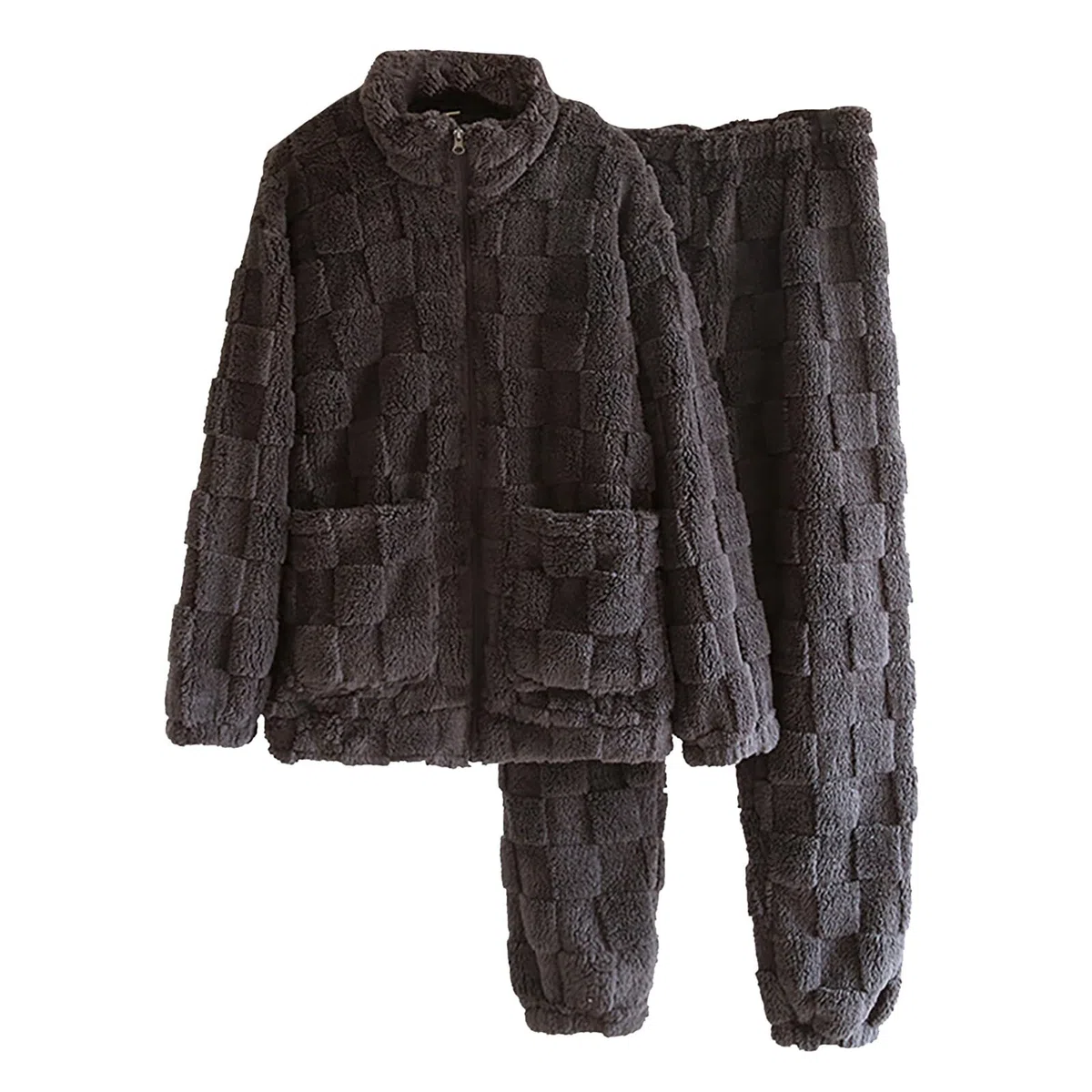 Set da casa da uomo in pile testurizzato, tuta in flanella per uomini e donne, giacca con cerniera con tasche e pantaloni, abbigliamento per la casa in peluche per il comfort invernale, set pigiama