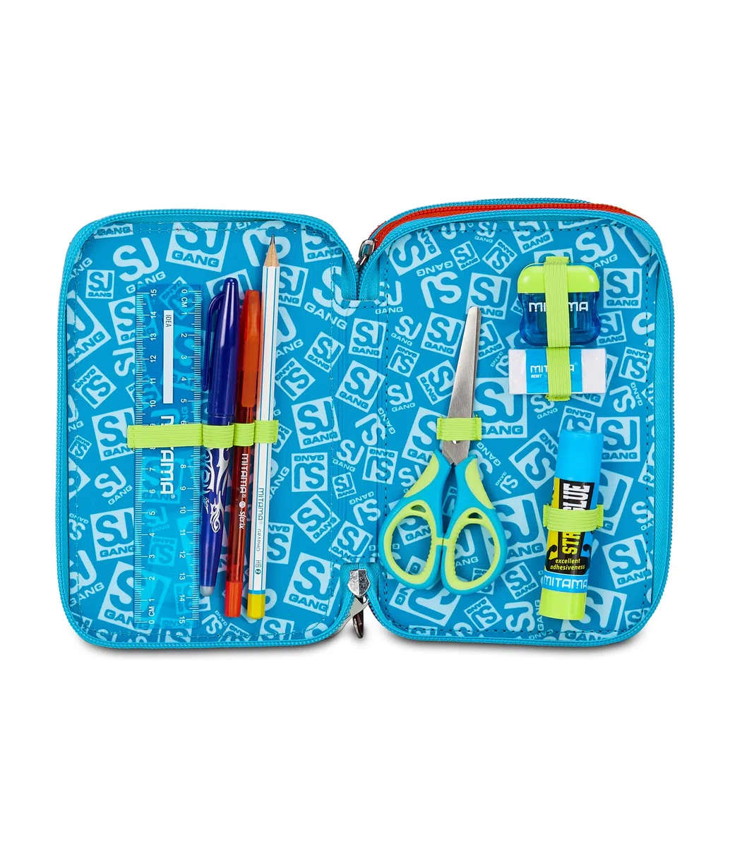 SJ GANG STYLE JAM GANG Astuccio Scuola 3 Zip, Blu, Portapenne Triplo Scomparto Completo Di Penne, Matite, Colori, Accessori Zaino, Scuole Elementari, Bambino