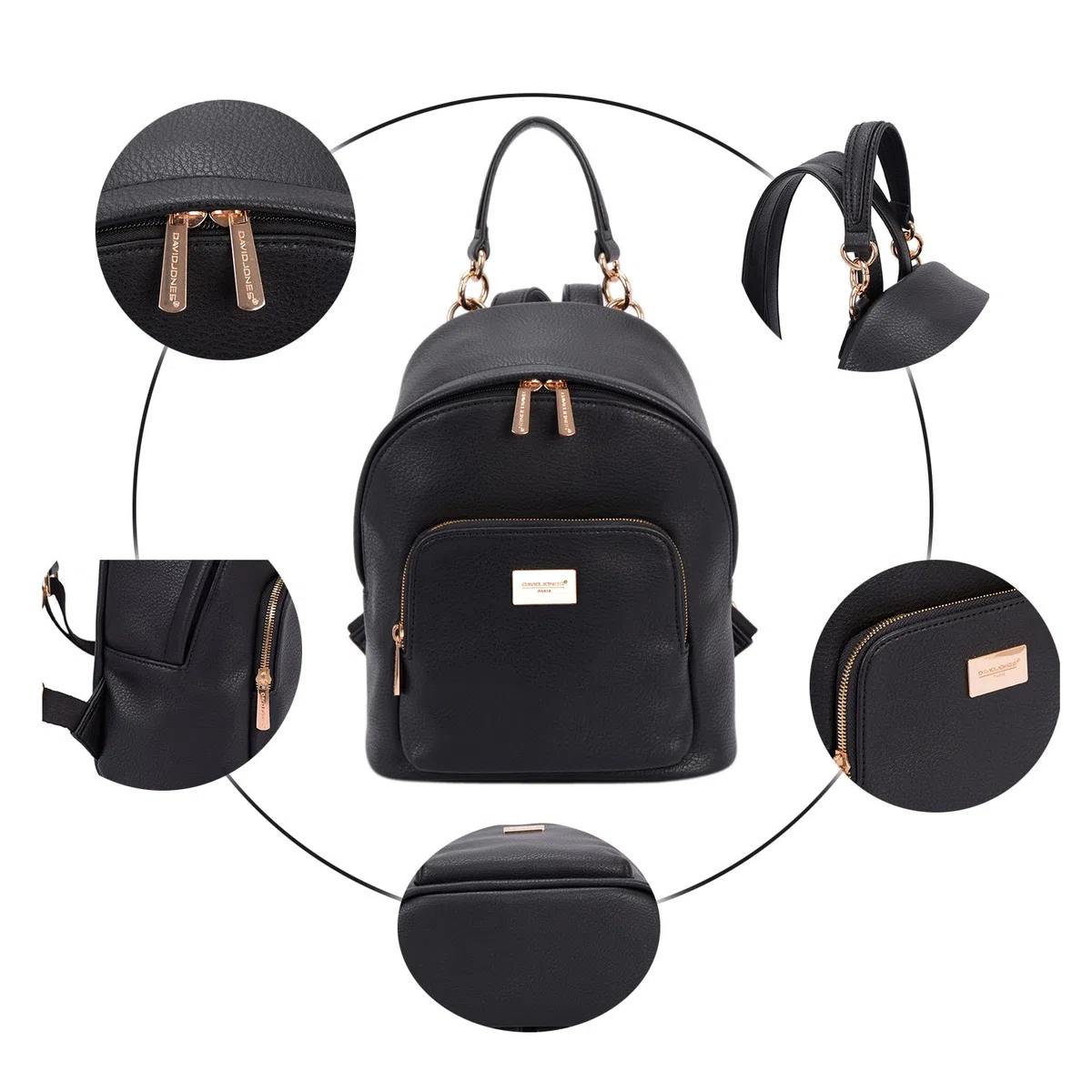 David Jones - Borsa Zainetto Donna - Zaino Piccolo Pelle PU - Ragazza - Borsetta Elegante Casual - a Mano Spalla - Nero