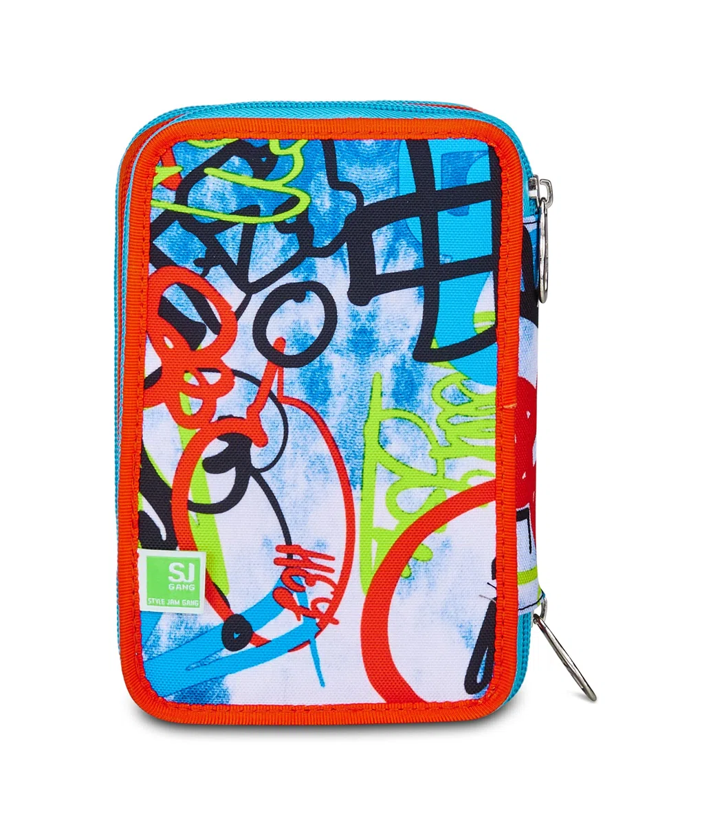 SJ GANG STYLE JAM GANG Astuccio Scuola 3 Zip, Blu, Portapenne Triplo Scomparto Completo Di Penne, Matite, Colori, Accessori Zaino, Scuole Elementari, Bambino