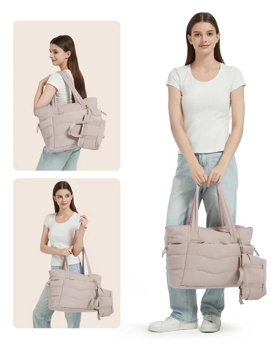Borsa Tote Donna 2 Pezzi Puffer con Cerniera, Capiente per Laptop 15,6 Pollici & Tasca Porta Borraccia 40oz (1,18L), Borsa per Lavoro Università Viaggi e Shopping (Modello con Brevetto)