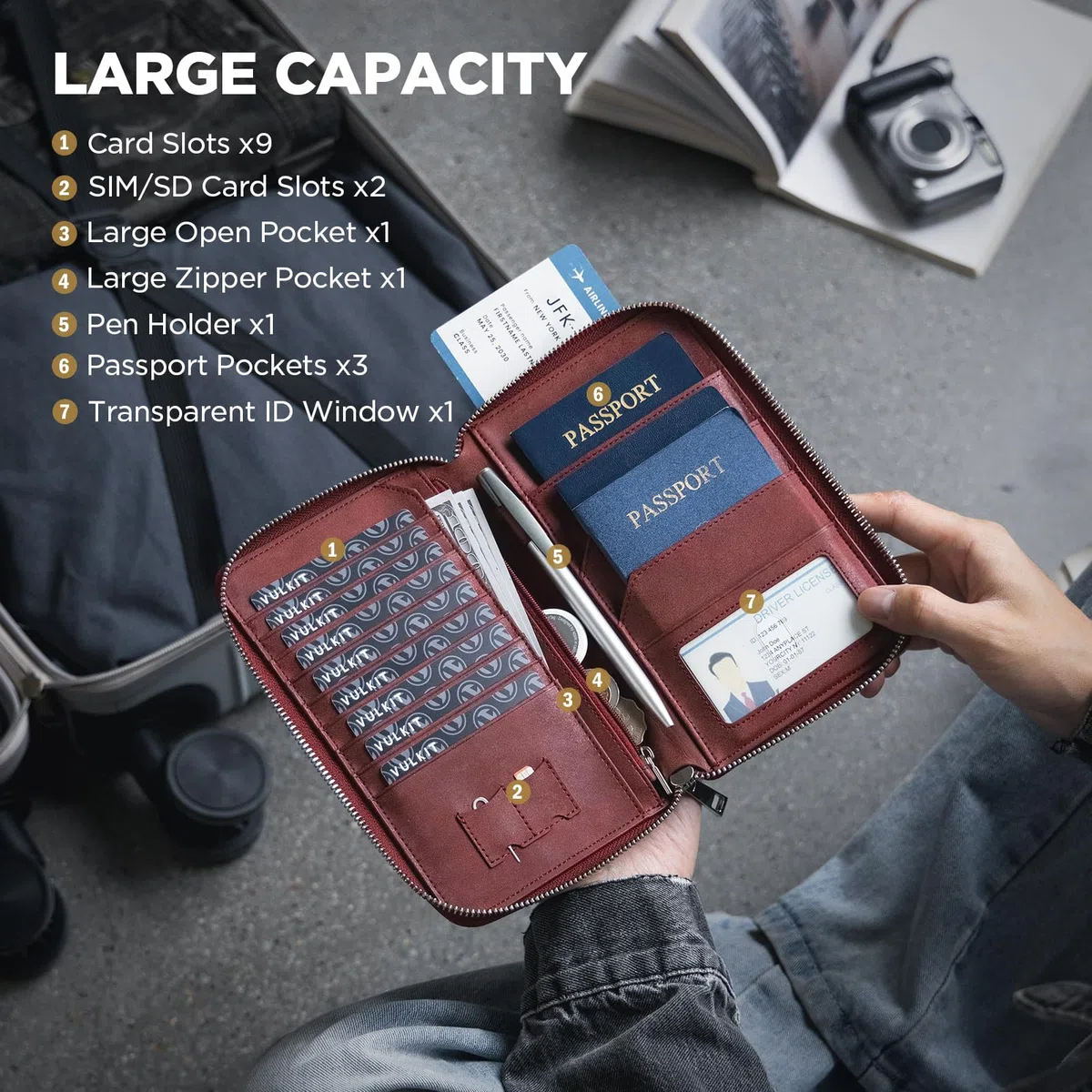 VULKIT Porta Passaporto Familiare per 3-4 Passaporti Portadocumenti da Viaggio Protezione RFID Portapassaporto da Viaggio Donna & Uomo per Denaro, Carte di Credito, ID Documenti - Borgogna