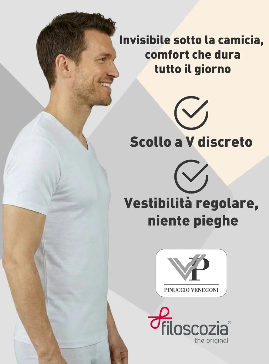 VP PINUCCIO VENEGONI Set 2 Maglietta Scollo a V Uomo in Cotone Filo di Scozia | Maglietta Intima Uomo Bianca Manica Corta | T Shirt Intimo da Uomo | Made in Italy
