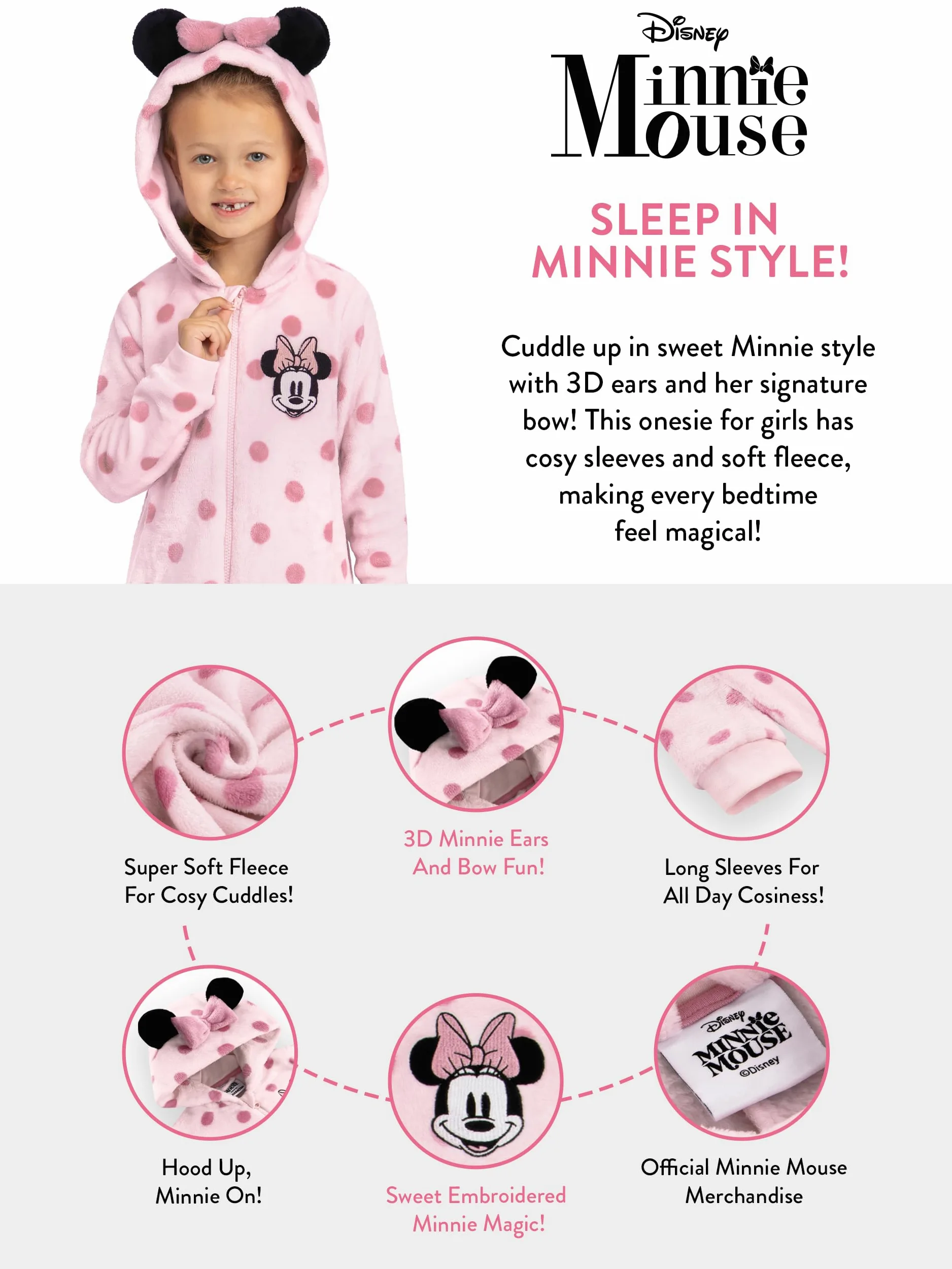 Disney Pigiama Intero Minnie Mouse, Pigiama Bambina Pile, Pigiama Inter Topolina con Orecchie 3D