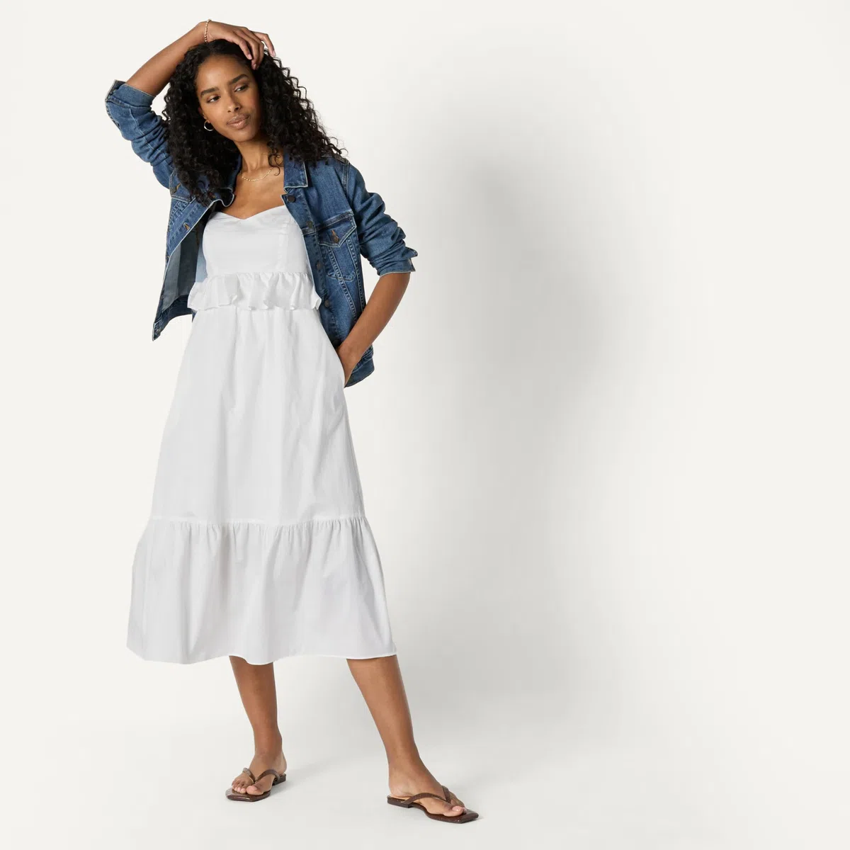 Amazon Essentials Donna Abito Midi a Trapezio con Volant in Raso di Cotone Vita Impero