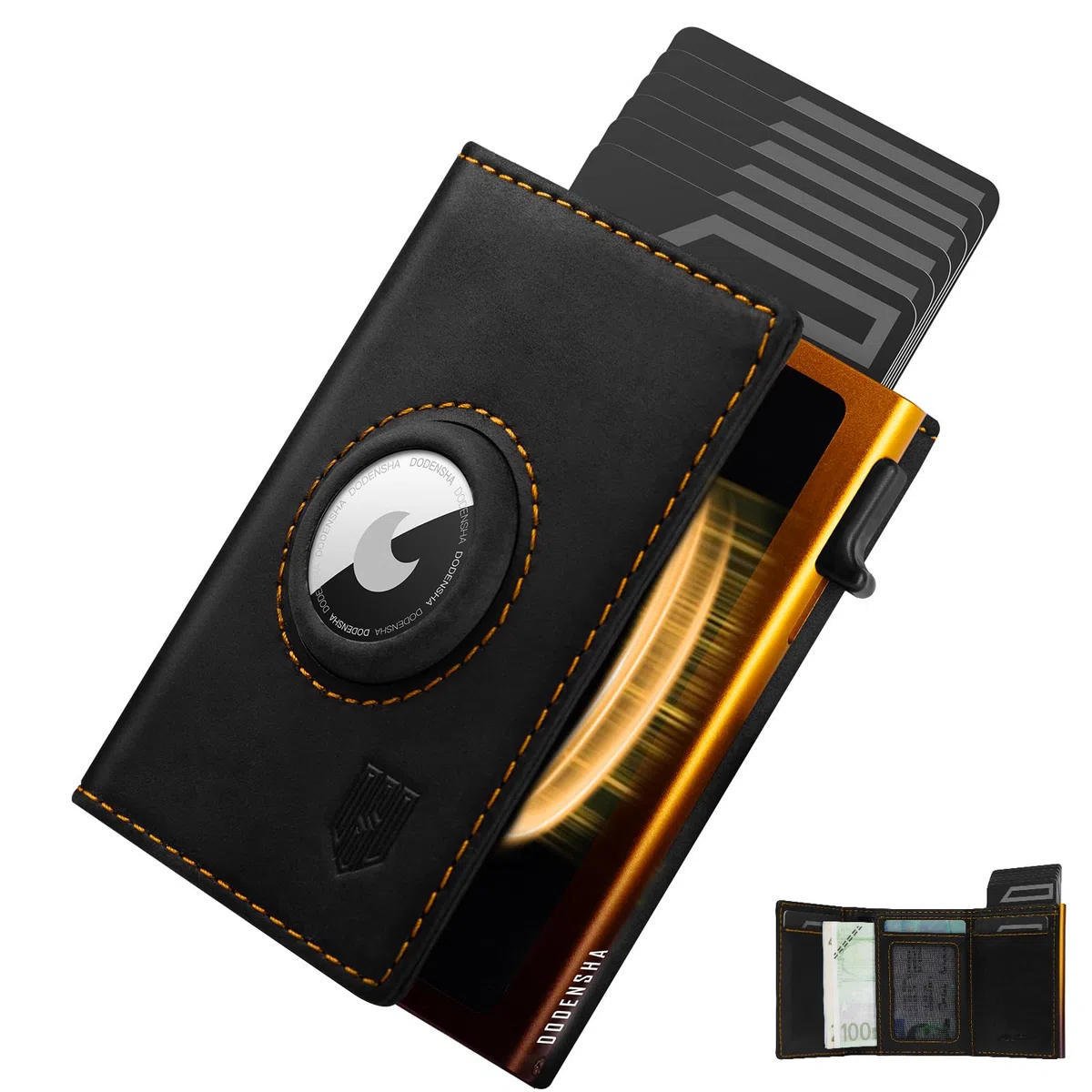 DODENSHA® MagSnap Airtag Wallet Uomo I Custodia per carte di credito Uomo I Smart Wallet per 10+ carte I Portafoglio con scomparto portamonete I Portafoglio con AirTag (Nero Giallo)