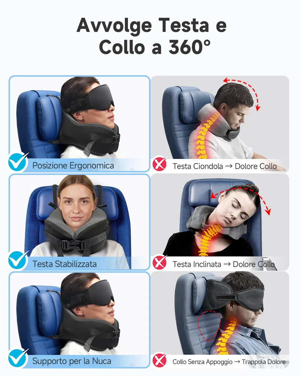 Umisleep Cuscino da Viaggio Memory Foam, Cuscino Cervicale per Aereo con Supporto 360°, con Maschera Occhi 3D, Cuscino da viaggio anticaduta testa per aereo, Ideale per Voli Lunghi (Nero)