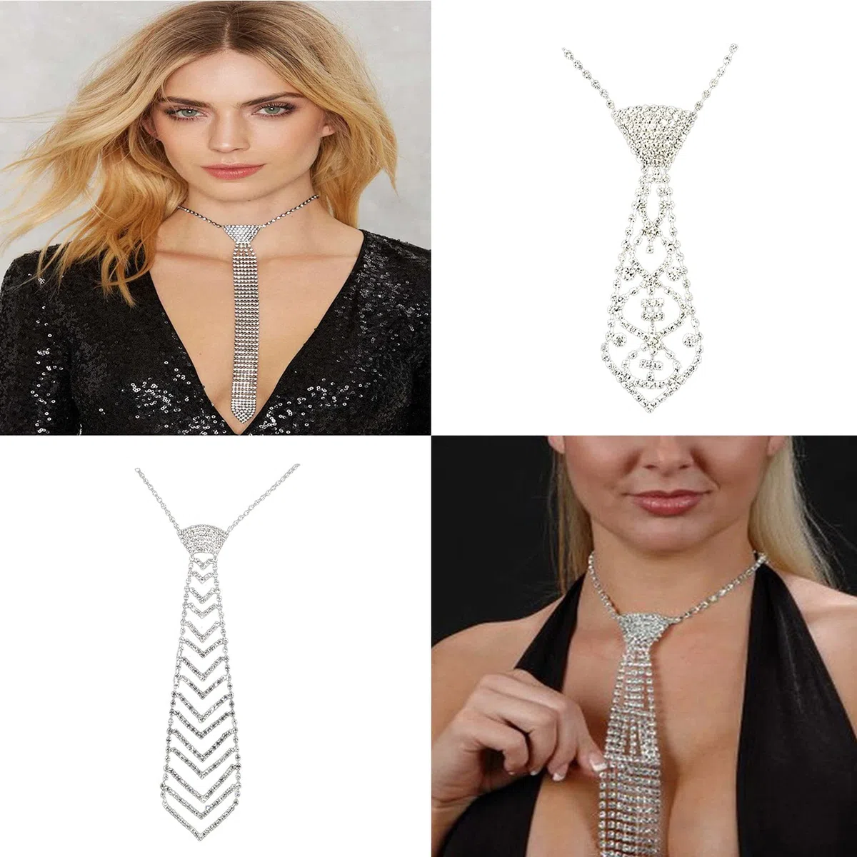 Cravatta Lunga e Stretta con Strass Scintillanti, Collana, Gioielli, Accessori per Feste per Donne Che Ballano.
