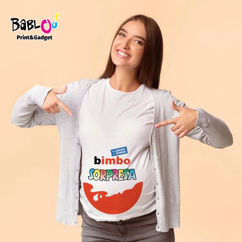 Babloo T Shirt Maglia Premaman Bimbo Sorpresa (L Manica Corta, Bianca Maschietto)