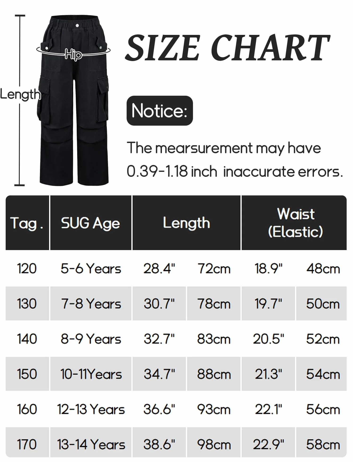 SEAUR Pantaloni cargo da ragazza Baggy Y2K Hip Hop Multi Tasche Pantaloni cargo Bambini Streetwear Jeans con elastico in vita – 120 – 170 = (EU 110 – 164)