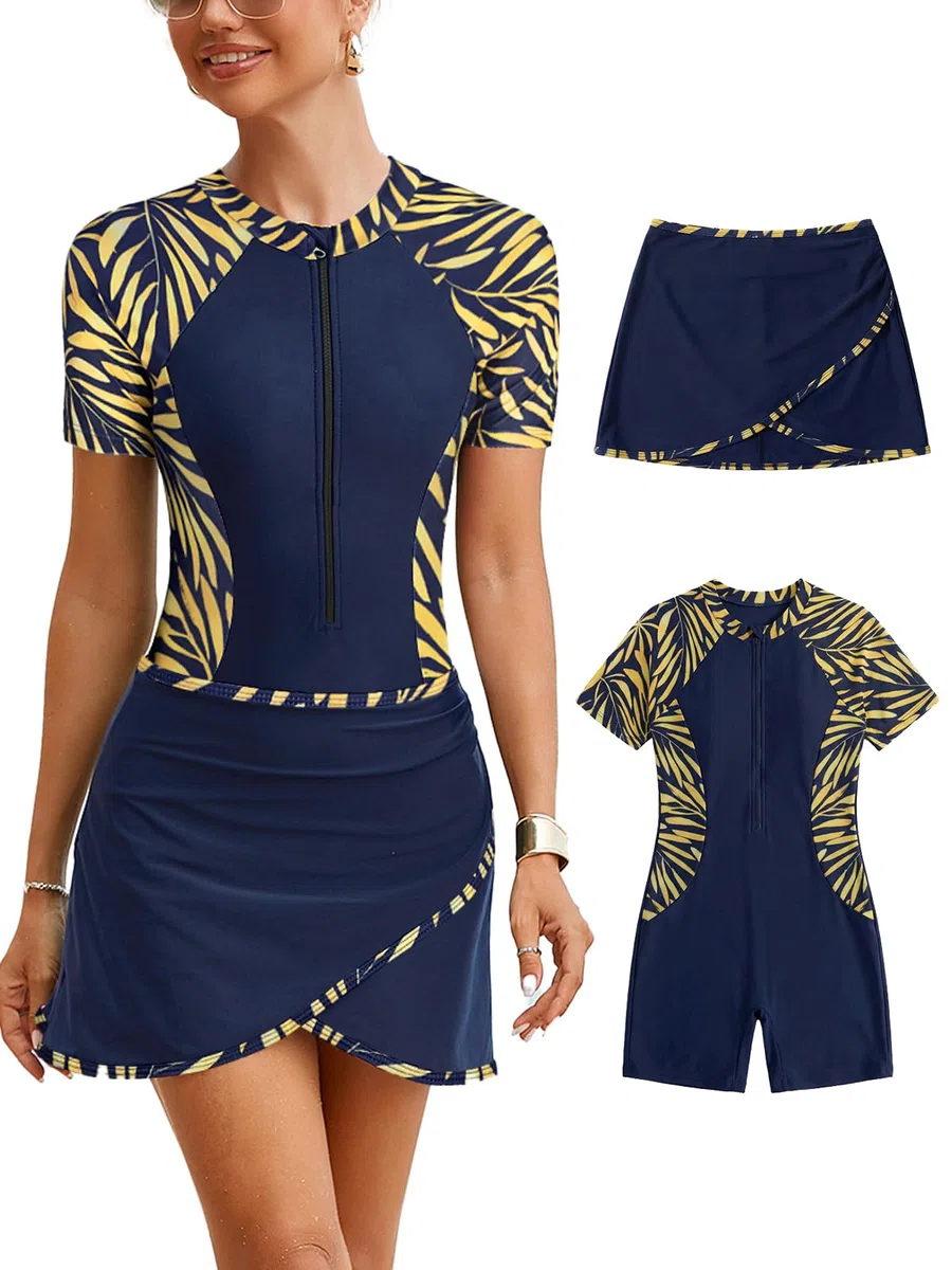 SHEKINI Donne Two Piece Athletic Short Sleeves Surf Zip Boyleg One Piece Rash Guard Costumi da Bagno e Swim Rock