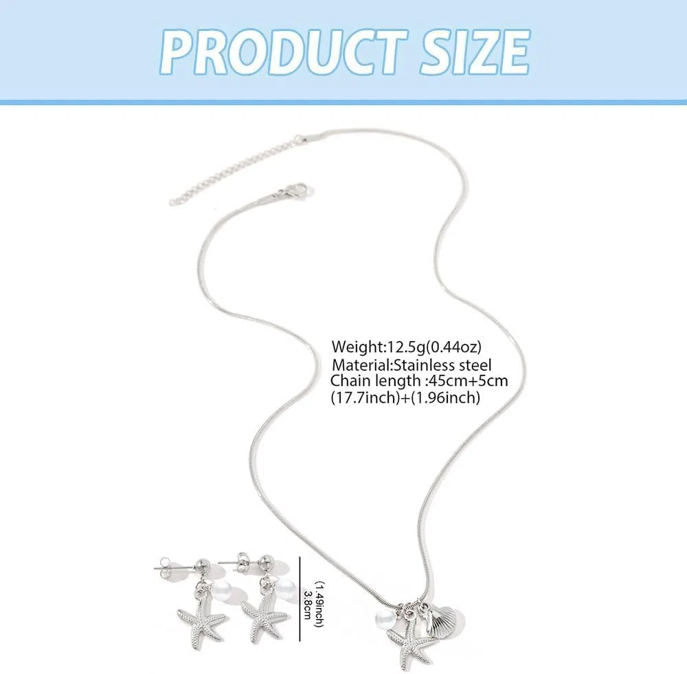 Set Gioielli Stella Marina Conchiglia Perla Collana Orecchini Parure Acciaio Inossidabile Ciondolo Marino Catena Serpente