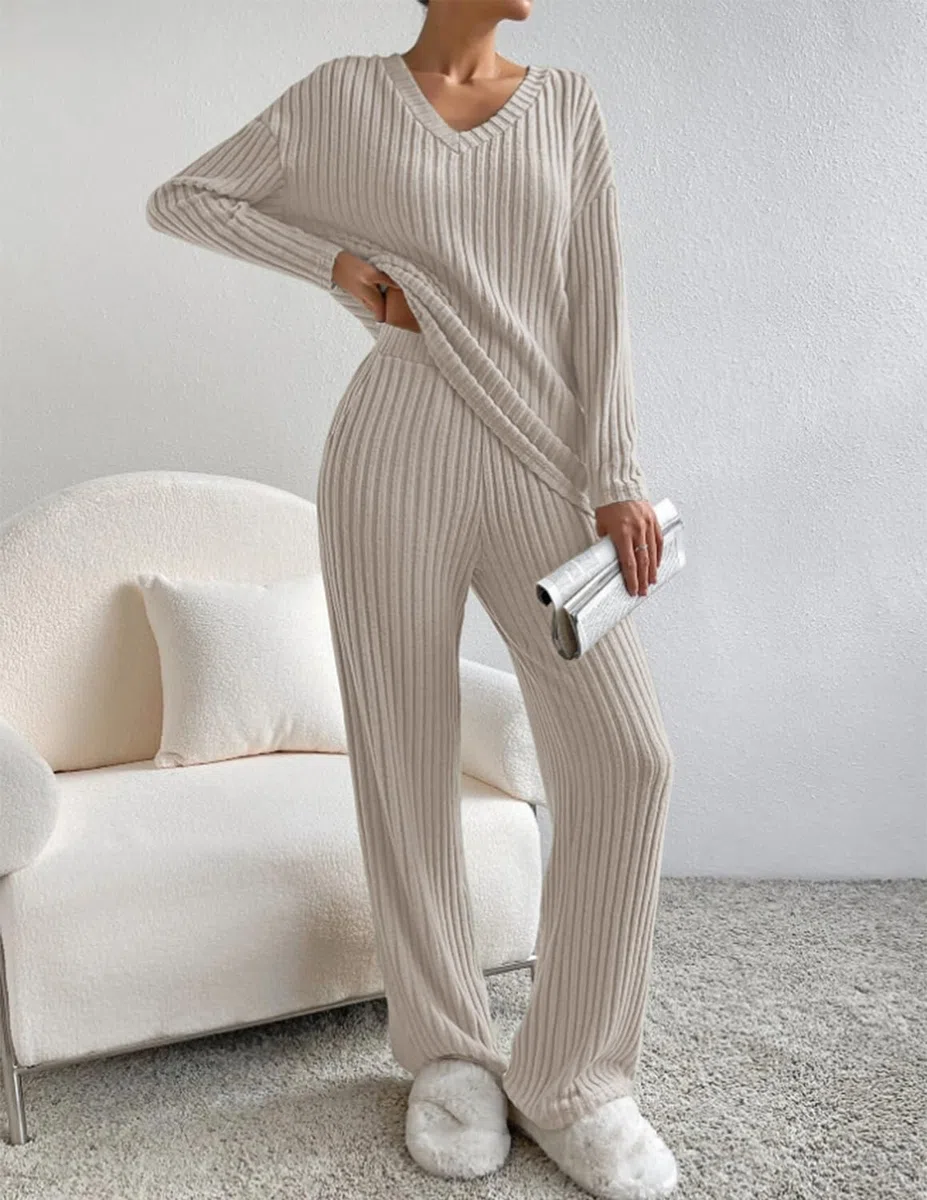 Donna Completo Tuta 2 Pezzi Completo a Maniche Lunghe Maglia Comode Pantaloni Dritti con Scollo a V Tuta Autunno Inverno