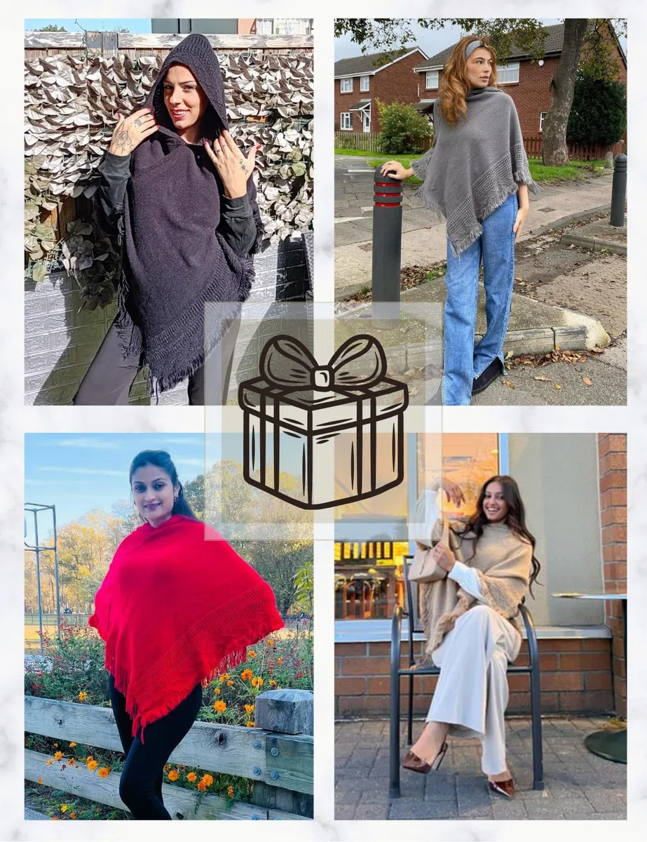 Ferand Poncho da Donna Mantella con Cappuccio e Orlo Sfrangiato