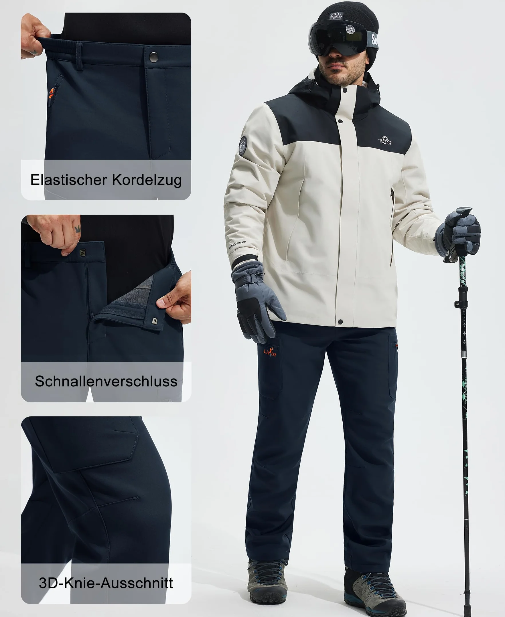 Libin Pantaloni da Neve Uomo Softshell Trekking Impermeabile Invernali Escursionismo Pantaloni Tasca con Cerniera, Navy Blu XXXL