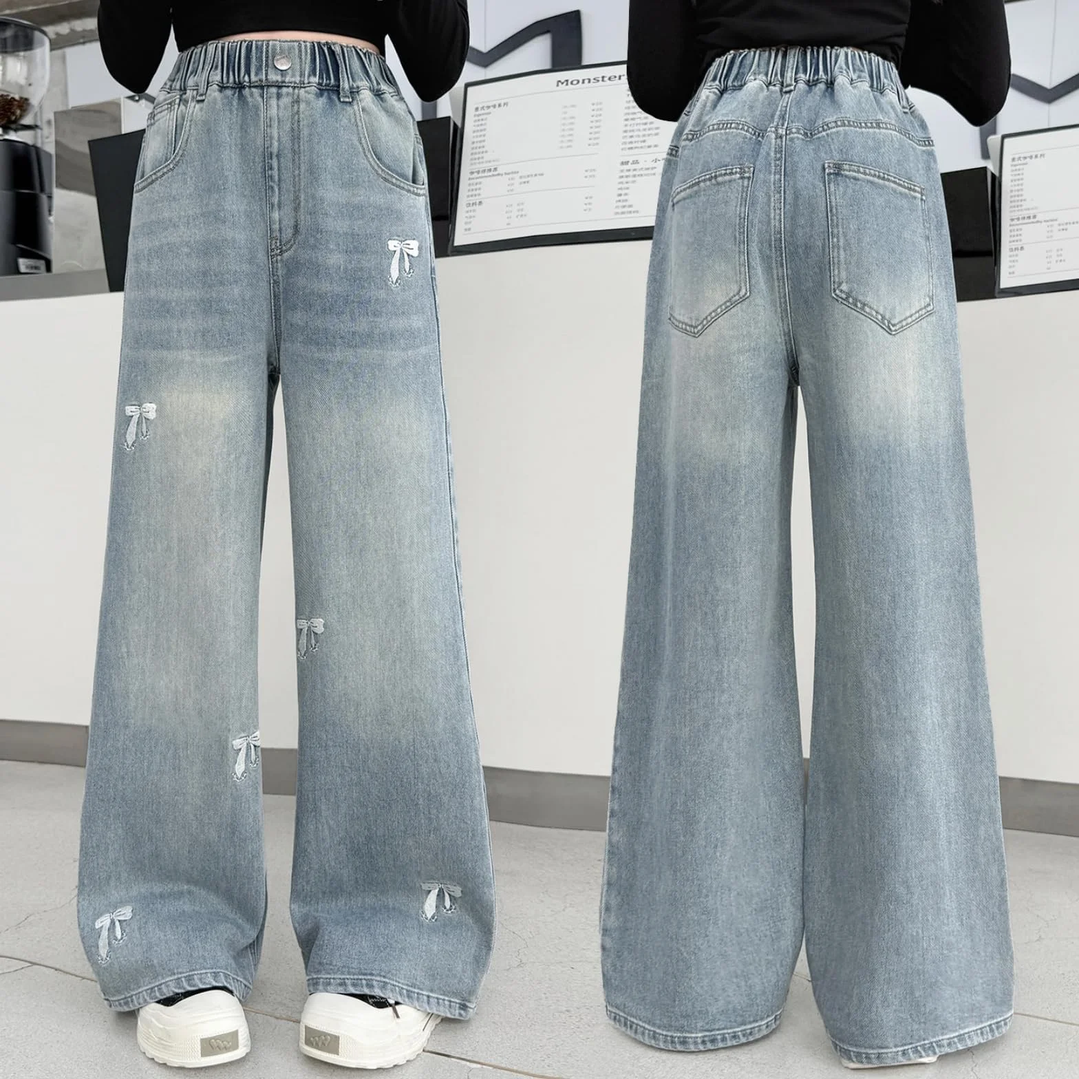 Rolanko Jeans Larghi per Ragazze, Vita Alta Elasticizzata Gamba Larga Pantaloni Denim Bootcut per Bambini 6-15 Anni