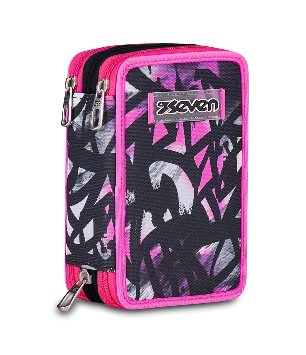 Seven Astuccio Scuola Elementare, 3 scomparti, Medie, con Matite, Pennarelli, Penne, 3 Zip, Starnova, Bambina e Ragazza, nero/fucsia