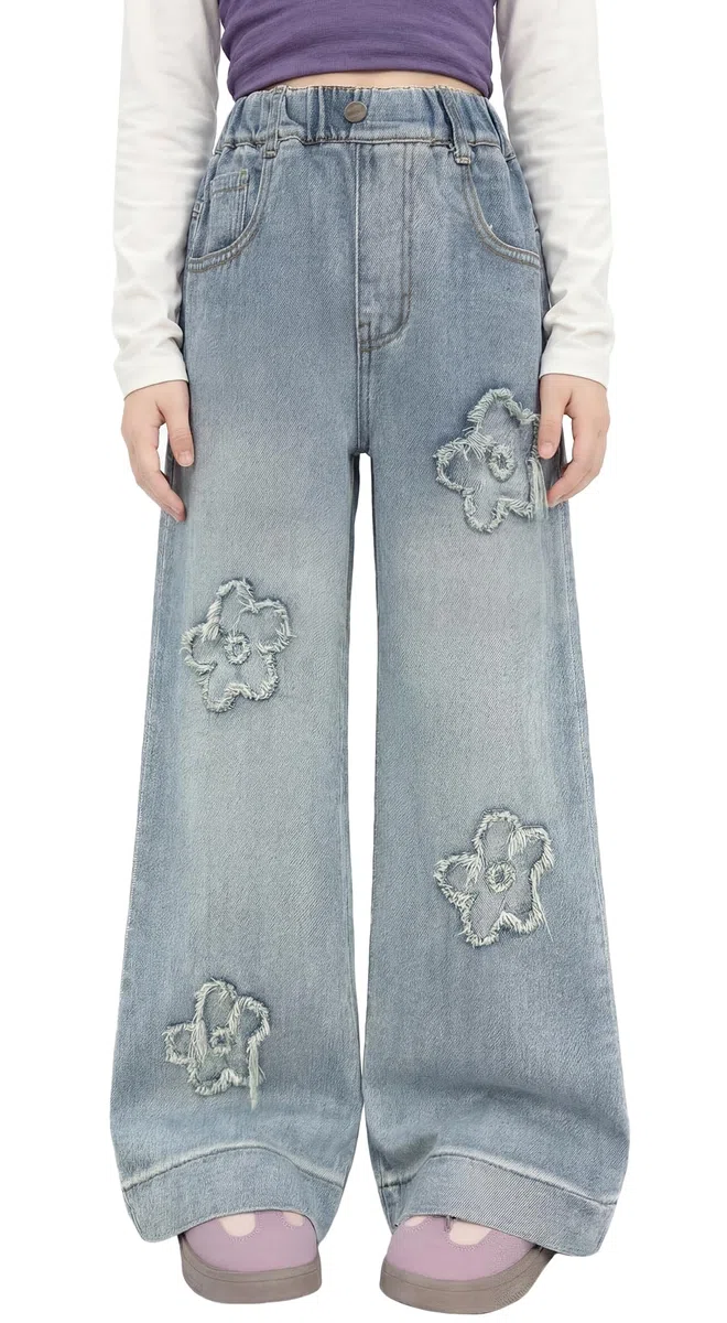 SEAUR Jeans da ragazza a gamba larga Bootcut elastico in vita pantaloni larghi in denim da ragazza jeans larghi in cotone gamba dritta
