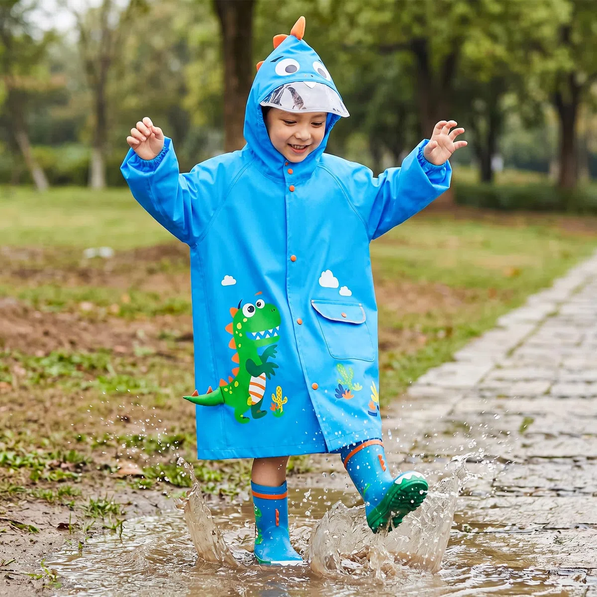 JinBei Poncho impermeabile per bambini, impermeabile, con cappuccio, traspirante, leggero, portatile, facile da asciugare, grazioso motivo con cartoni animati 3D, per bambini e ragazze dai 2 agli 8