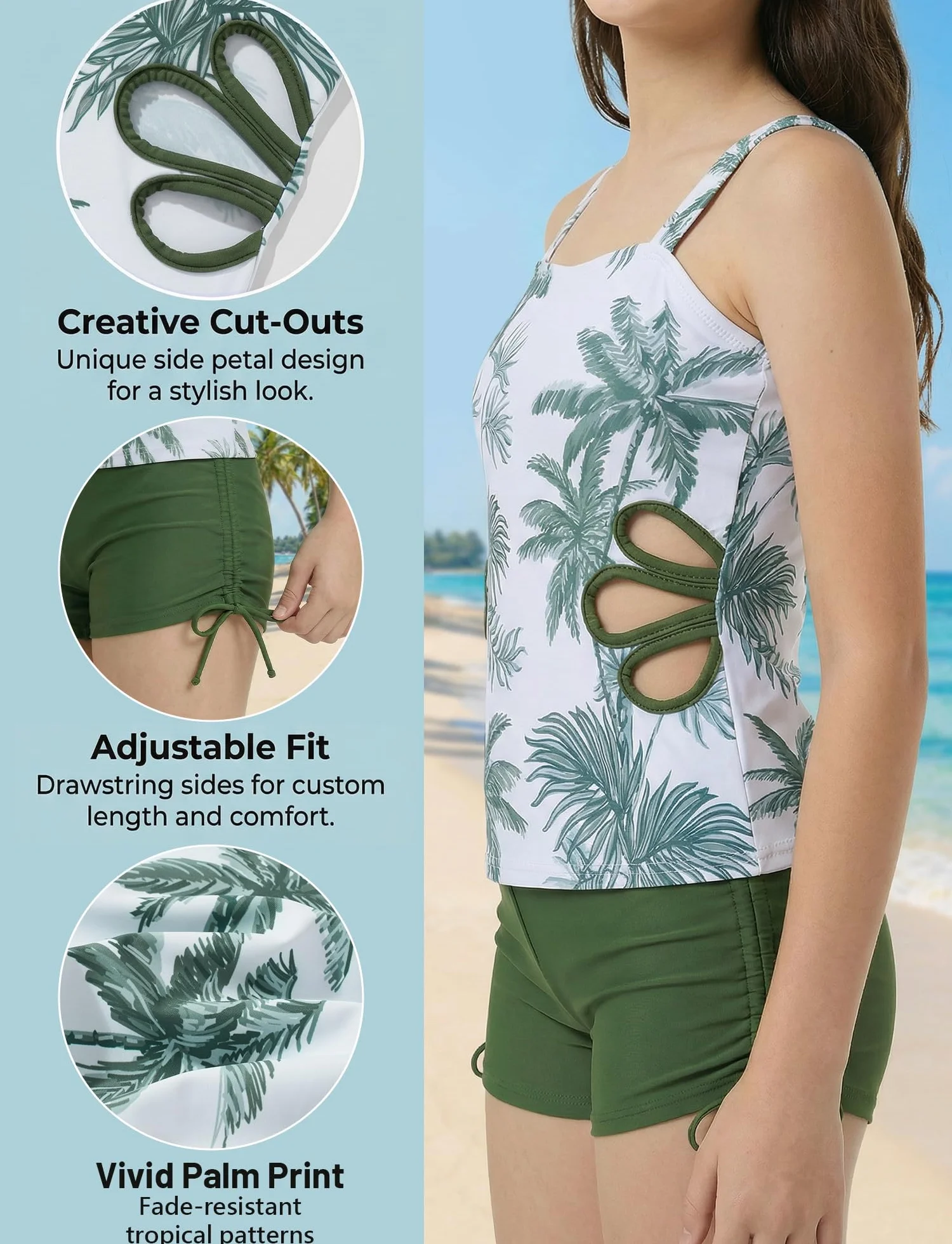 SEAUR Costume da bagno in due pezzi, da bambina, tankini con pantaloncini, 9-16 anni, con stampa floreale, taglio out, costume da bagno per bambini, adolescenti, estate, spiaggia