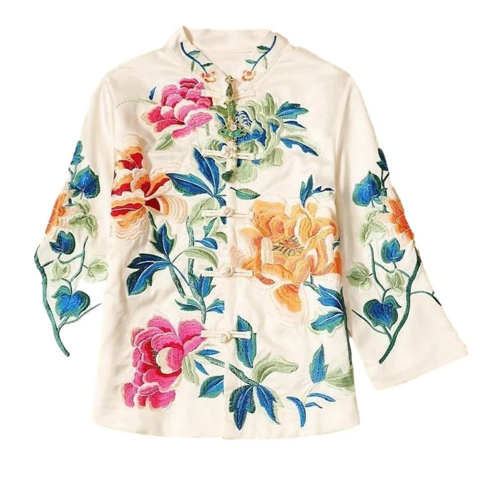 Giacca da donna in stile cinese - Camicetta ricamata Stile etnico Ricamo retrò Camicetta cinese Giacca da donna Cappotto con spalla dritta Abbigliamento orientale