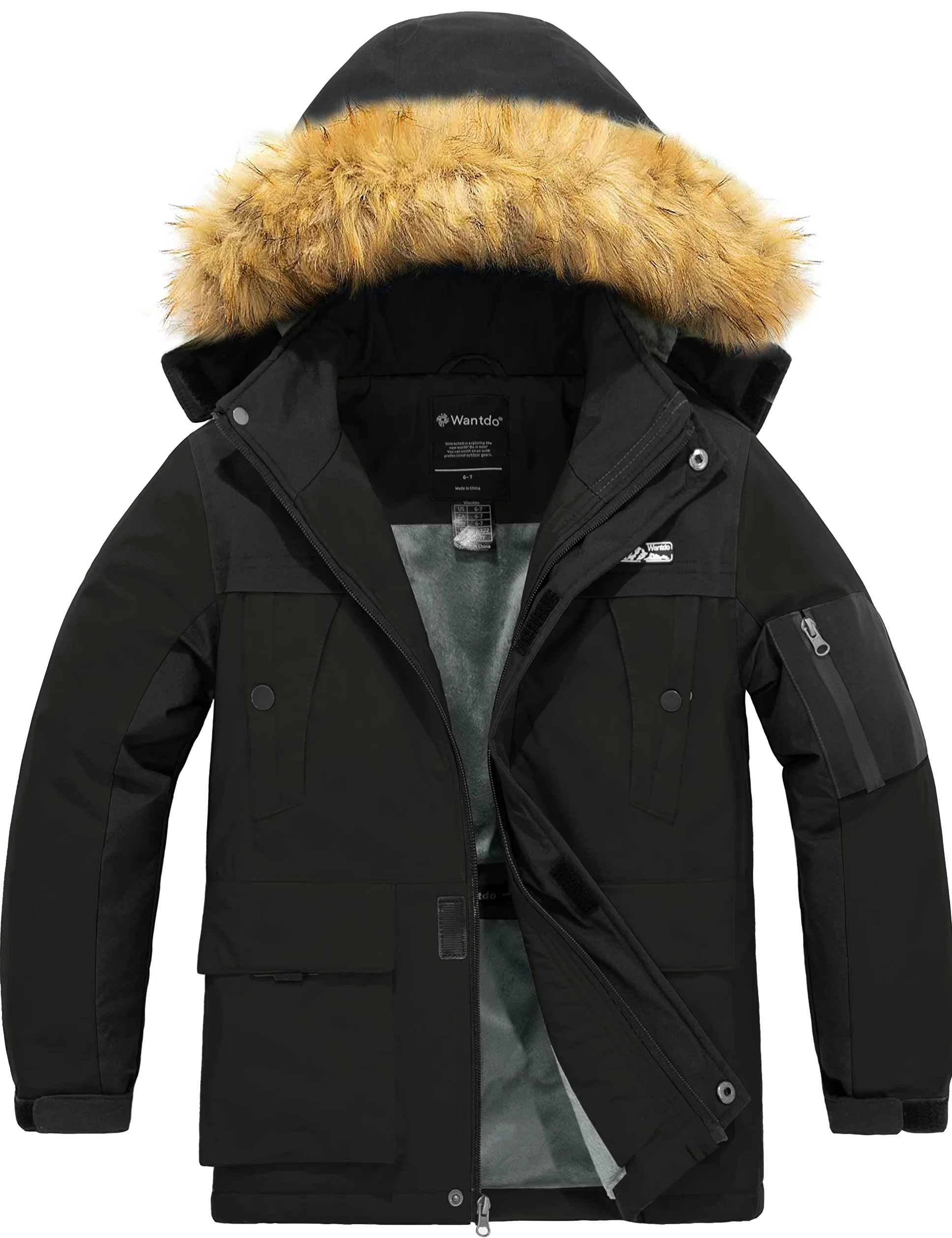Wantdo Giacca da Sci Impermeabile Invernale Cappotto da Cappuccio Antivento Caldo Parka da Neve in Pile Morbido Bambino