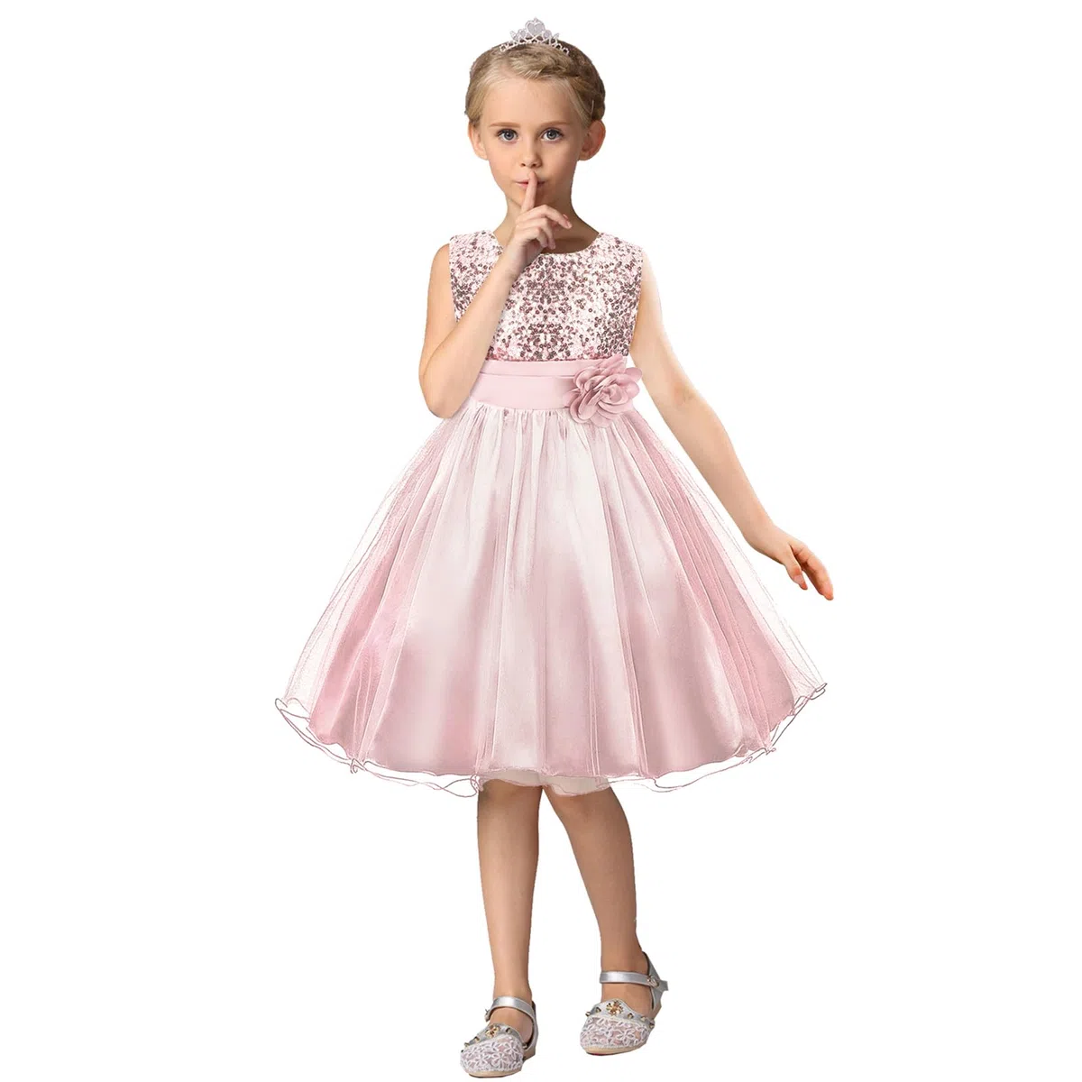 Discoball Vestito da Principessa con Paillettes, in Tulle, con Fiori, per Feste di Compleanno, Matrimoni, Damigelle d'Onore, per Bambine dai 3 ai 12 Anni