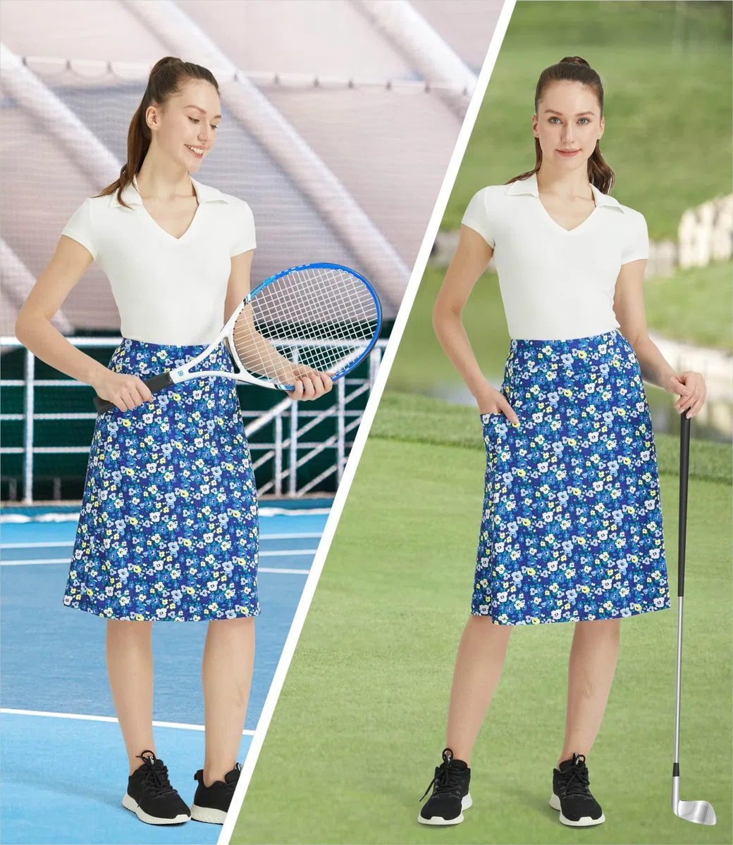 Midi Gonna Pantalone Donna de Tennis Golf Sportivi Gonna al Ginocchio da Corsa con Pantaloni Interni e Tasche Modesta Lunga Skort 2 in 1(Fiori Blu,XXL)