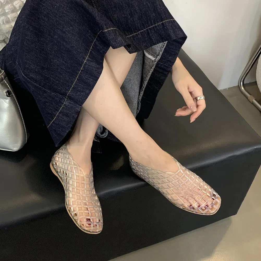 Donna Jelly Flats Moda Slip-on Flats Punta Quadrata Spiaggia Jelly Scarpe Leggero Casual Sandali Piatti Traspirante per Viaggi All'aperto