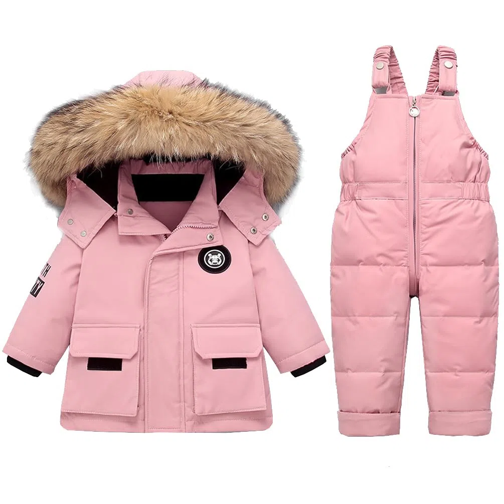 Tuta da Neve 2 Pezzi da Bambini Ragazzi Capppotto in Piuma con Cappuccio Pellicia + Salopette da Neve Bambina Giacca Invernale Impermeabile