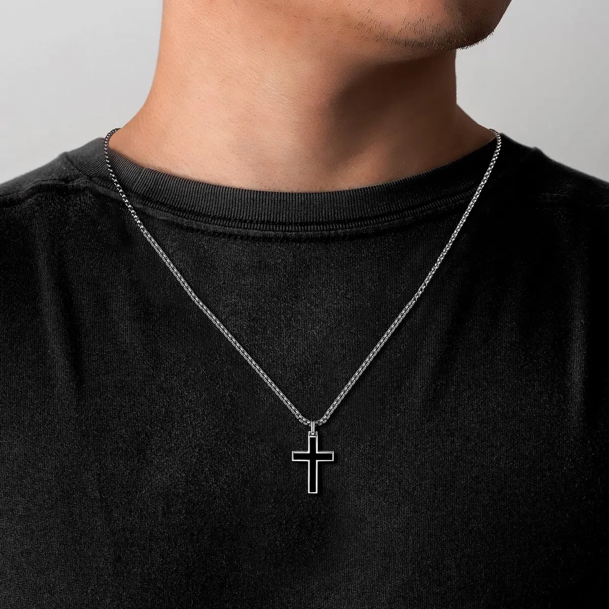 FANCIME Collana Croce Uomo in Argento Sterling 925 Crocifisso Ciondolo Nera, Gioielli Regalo per Lui Ragazzi Bambini - Catena Lunghezza: 60 cm