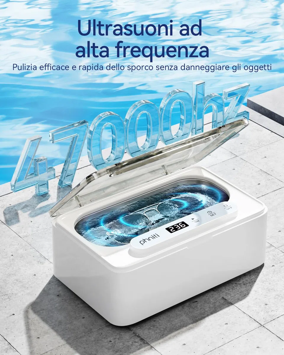 Phniti Pulitore Ultrasuoni, Pulitore Ultrasuoni Apparecchio Denti a 47KHz, Pulitore a Ultrasuoni da 330 ml Ultrasonic Cleaner, Portatile ad Pulitore Ultrasuoni Gioielli per Protesi, Occhiali, Orologi