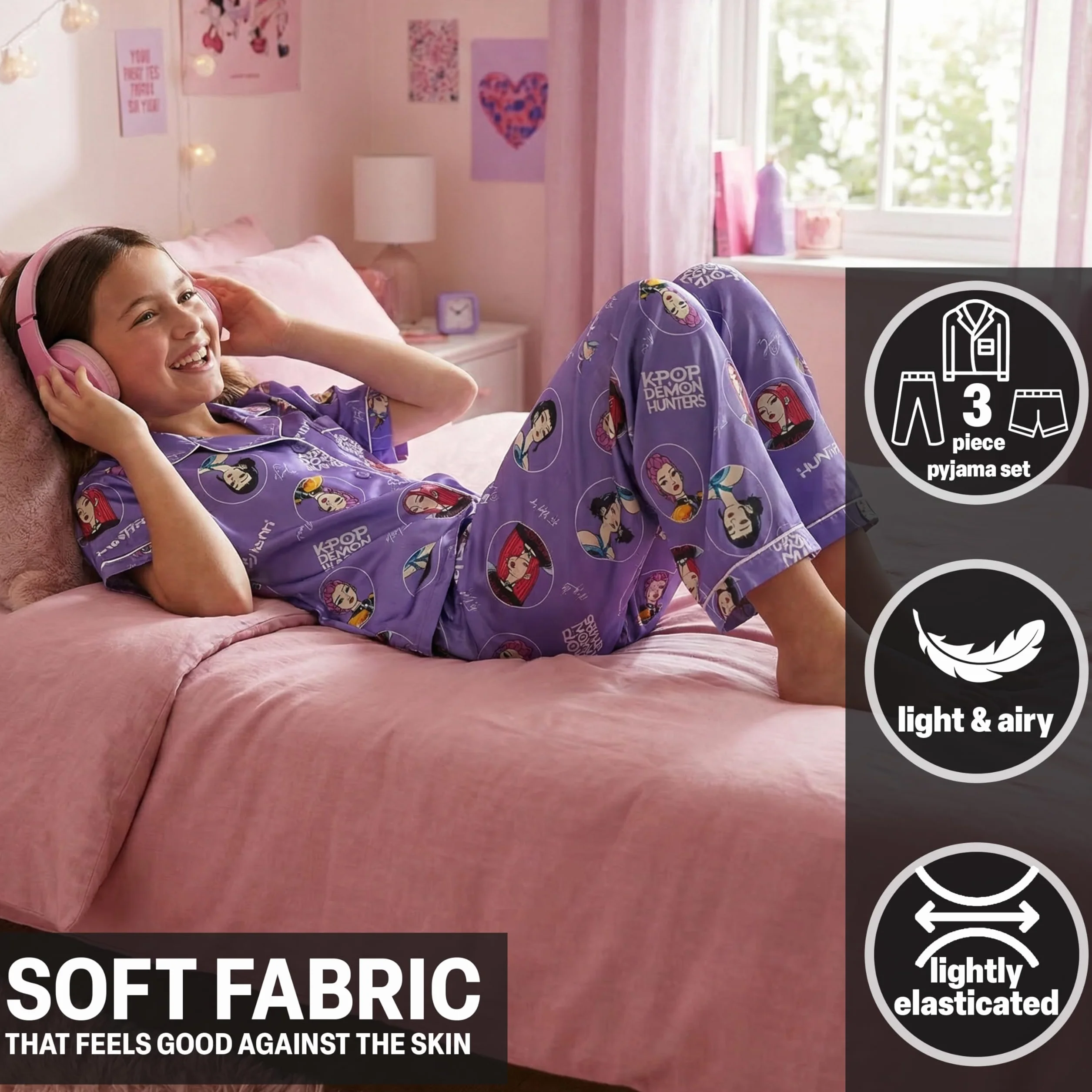 Get Trend KPOP Demon Hunters Huntrix Pigiama Bambina, Set 3 Pezzi Camicia con Bottoni, Pantaloncini e Pantaloni Pigiama, Regalo Ragazza