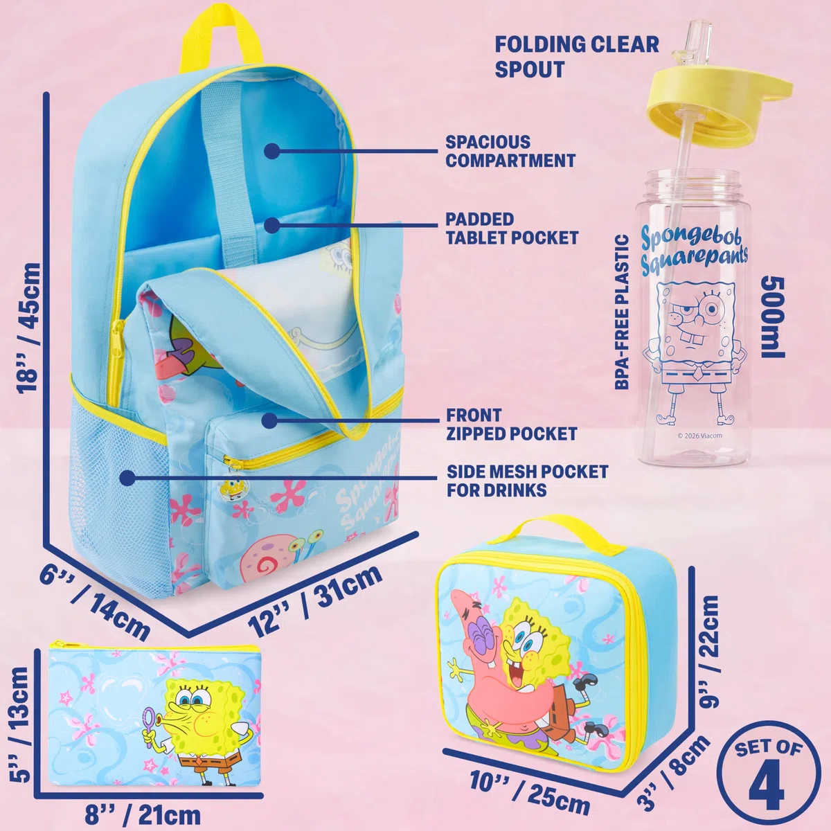 Get Trend SpongeBob Zaino Ragazza Set, 4 Pc con Zaino Scuola, Borsa Termica Porta Pranzo, Borraccia con Cannuccia e Astuccio, Regalo Bambina (Azzurro/Giallo SpongeBob)