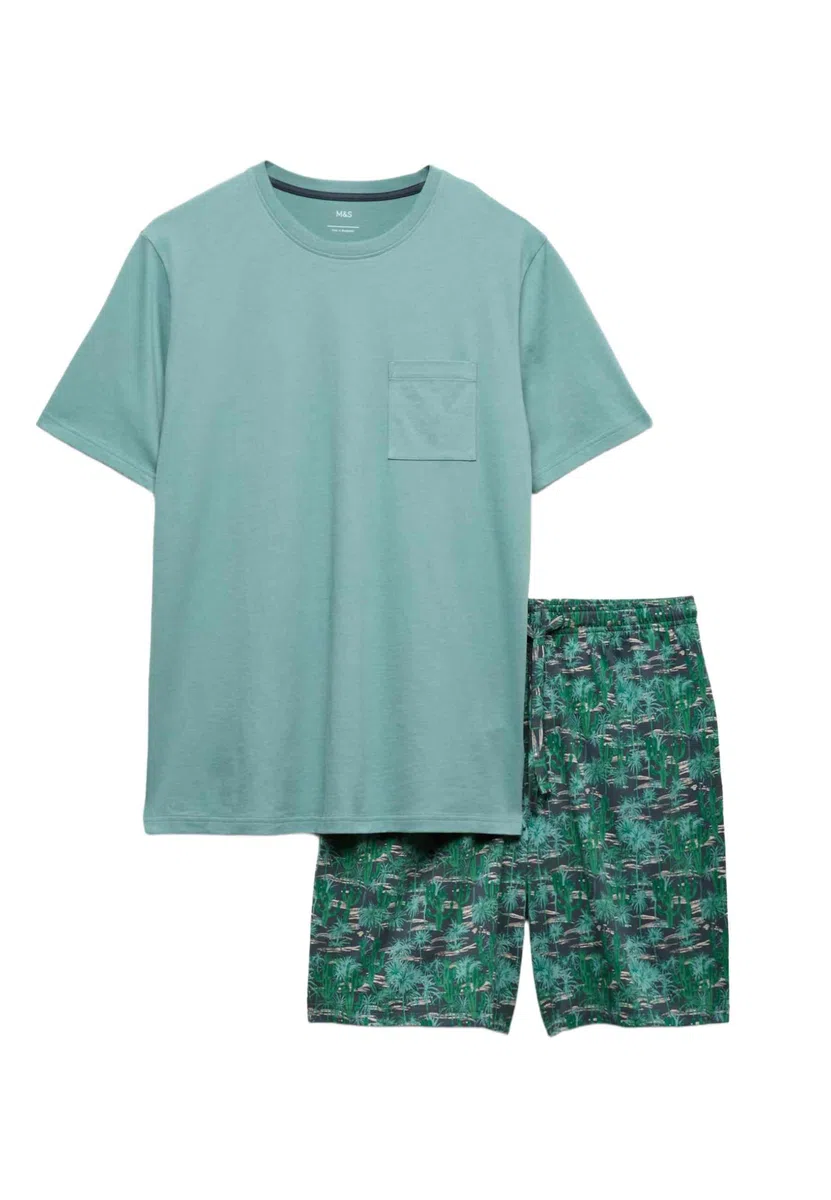 Marks & Spencer Uomo Set Pigiama in Puro Cotone con Stampa Cactus – vestibilità Regolare – Vita con Coulisse – con Tasche