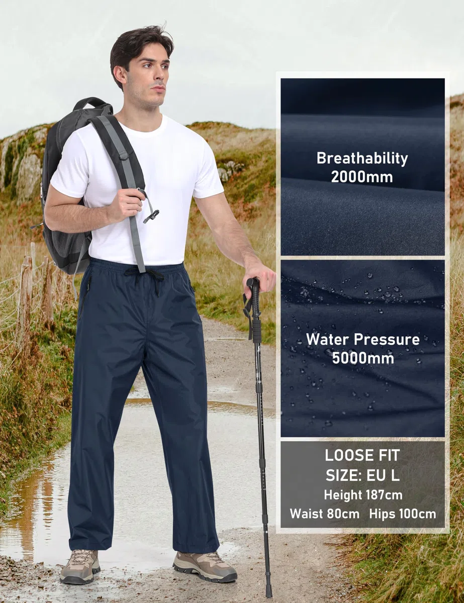 MoFiz Uomo Pantaloni da Pioggia Impermeabili Antivento Leggeri Traspiranti Pantaloni da Escursionismo Moto Pieghevoli con Zip Tasche