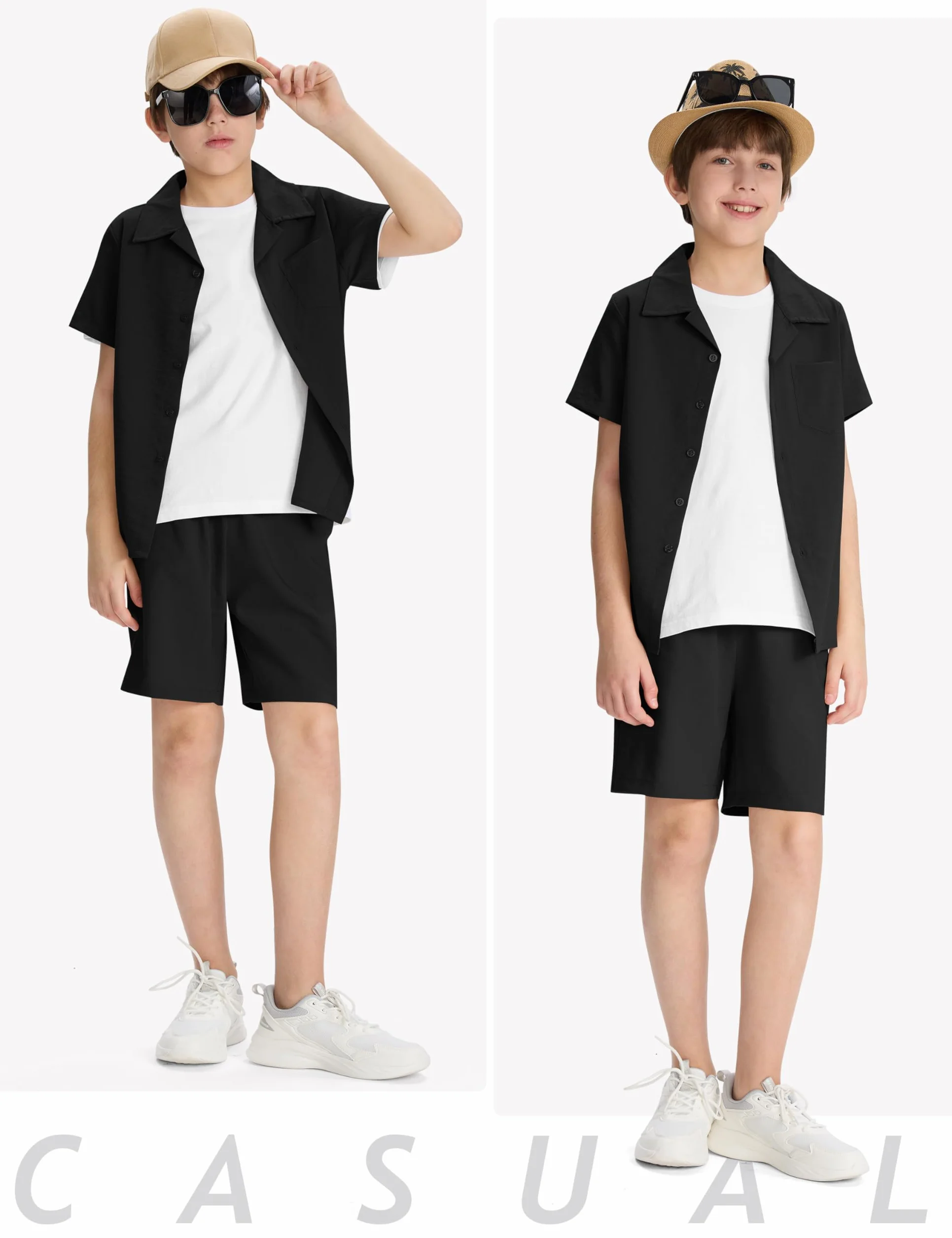 MoFiz Tuta Casual da Ginnastica Bambini e Ragazzi set di Abbigliamento da Spiaggia Completo Estivo Camicie a Maniche Corte con Bottoni e Shorts 8-18 anni