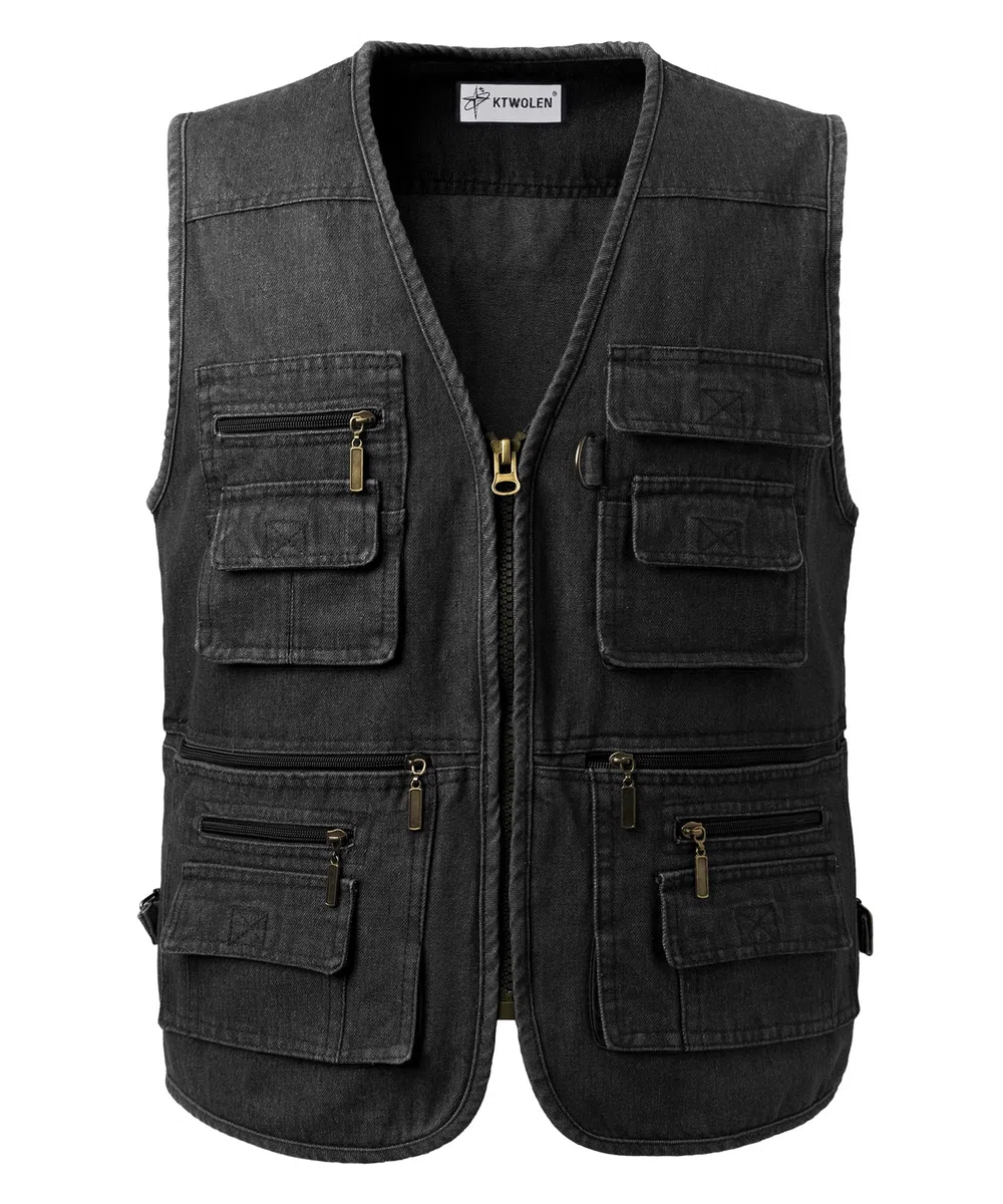 Gilet di Jeans da Uomo Multi-Tasca Gilet Moto Giacca Denim Vintage Smanicato Jeans Giubbino da Lavoro con Cerniera