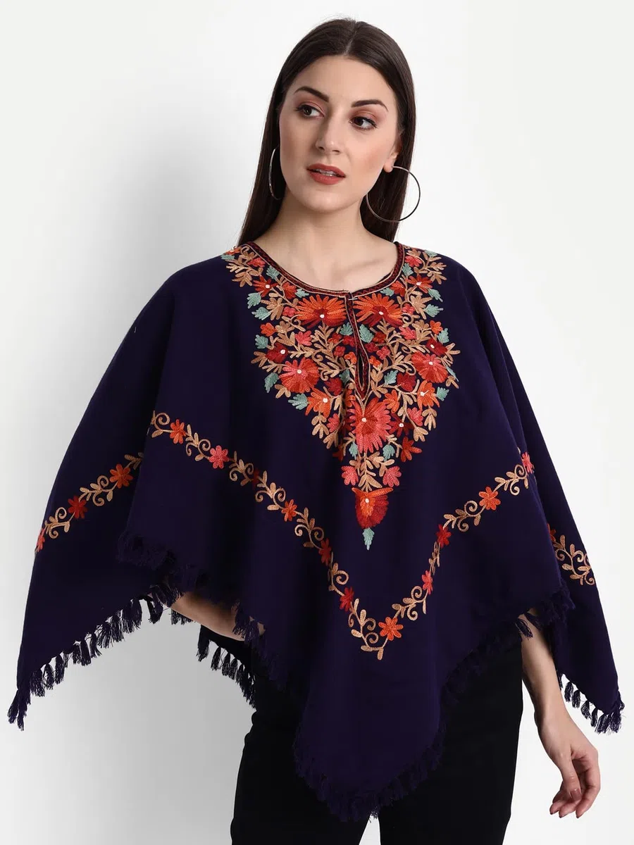 Indian Kashmiri - Poncho da donna con ricamo a mano, motivo cachemire, lavorato con fodera interna (dimensione libera), colore: verde