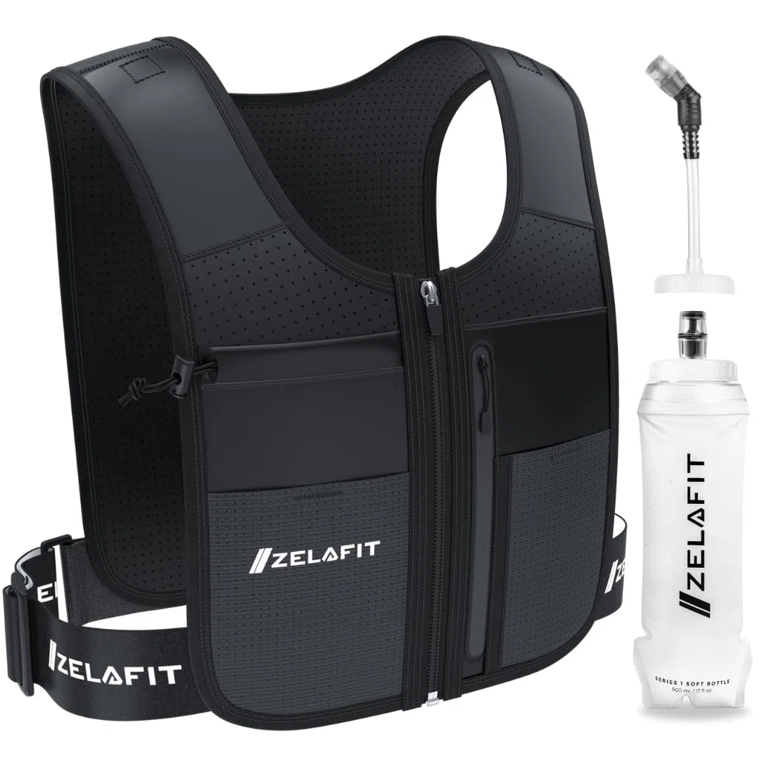 ZelaFit® Running Vest with Rechargeable LEDs & Micro USB Charging Cables, Water Bottle and Straw - Reflective Hydration Vest with 8 Pockets - Running Backpack Alternative in 2 Sizes - Men & Women
