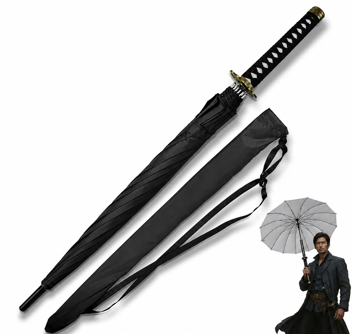 Swords and more Ombrello One Piece 16 K Premium Version, Grande Katana Samurai Spada Ombrello Antitempesta con manico lungo