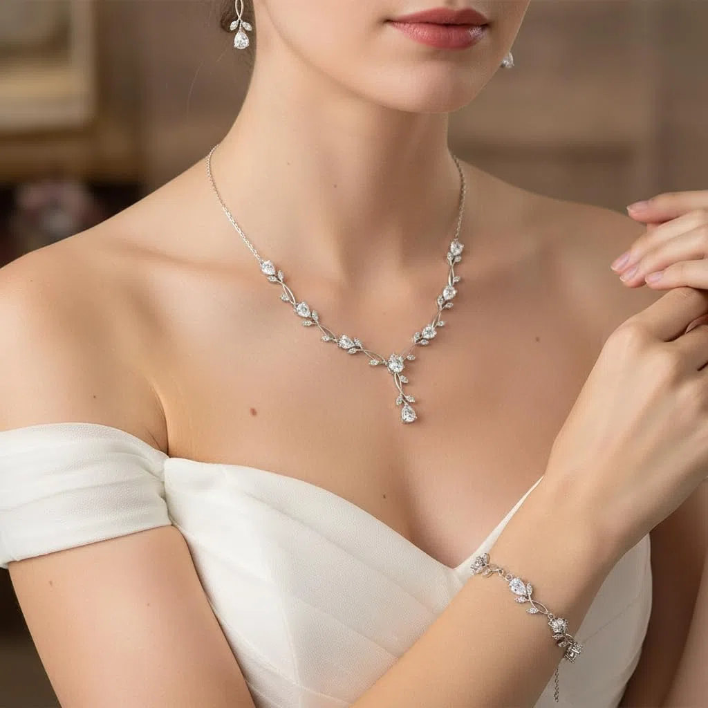 EVER FAITH Set di gioielli da sposa per damigella d'onore Teardrop Cubic Zirconia foglia di vite sposa prom collana orecchini pendenti set bracciale donna