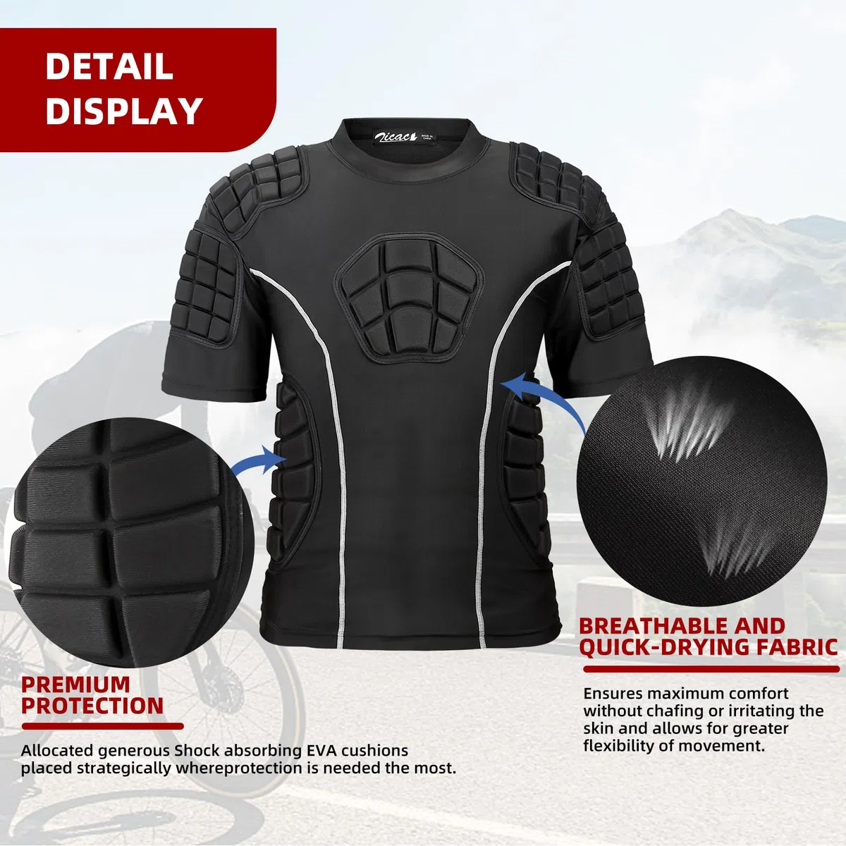 Zicac Maglia da Uomo Imbottita Compressione con Protezione Antiurto, Maniche Corte Maglia Sportiva Equipaggiamento Protettivo Pettorale Protezioni per Esterni/Fitness/Calcio/Basket/Sci/Rugby