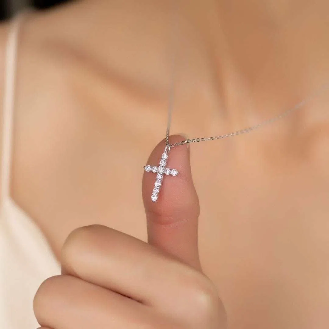 Collana Donna Croce Argento Sterling 925 Prima Comunione con Zirconia Cubica Placcatura in Oro, Bambina Regalo per lei Ragazza compleanno - Cofanetto con DEDICA incluso