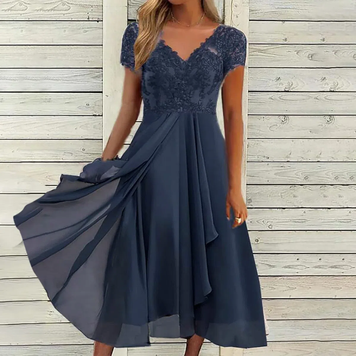 Generico Abiti da da Damigella d'Onore Lunghi Femminili con Scollo a V in Chiffon con Scollo a V in Pizzo da Donna