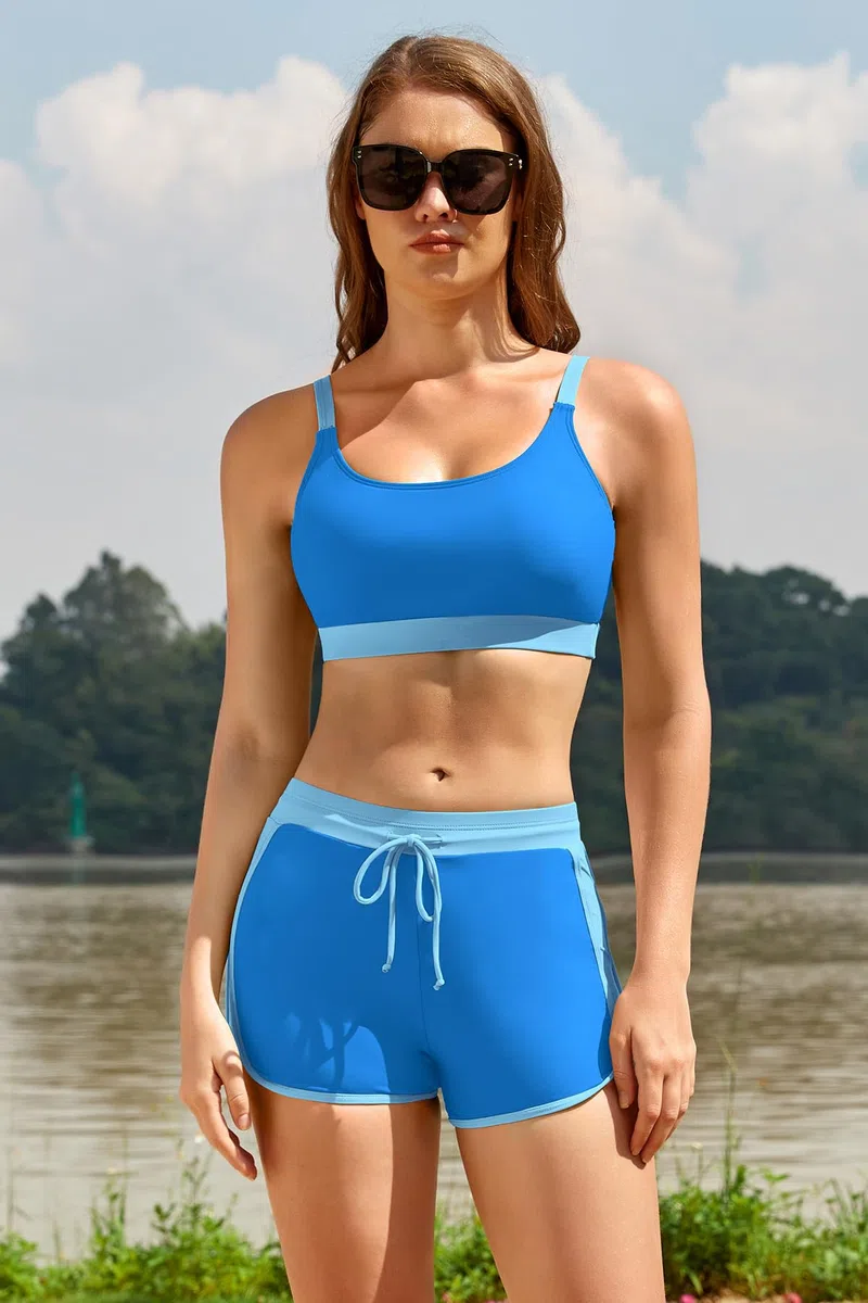 SHEKINI Costume da bagno da donna a 3 pezzi Rash Guard a maniche lunghe con chiusura lampo, costume da bagno con bikini Top con corda elastica