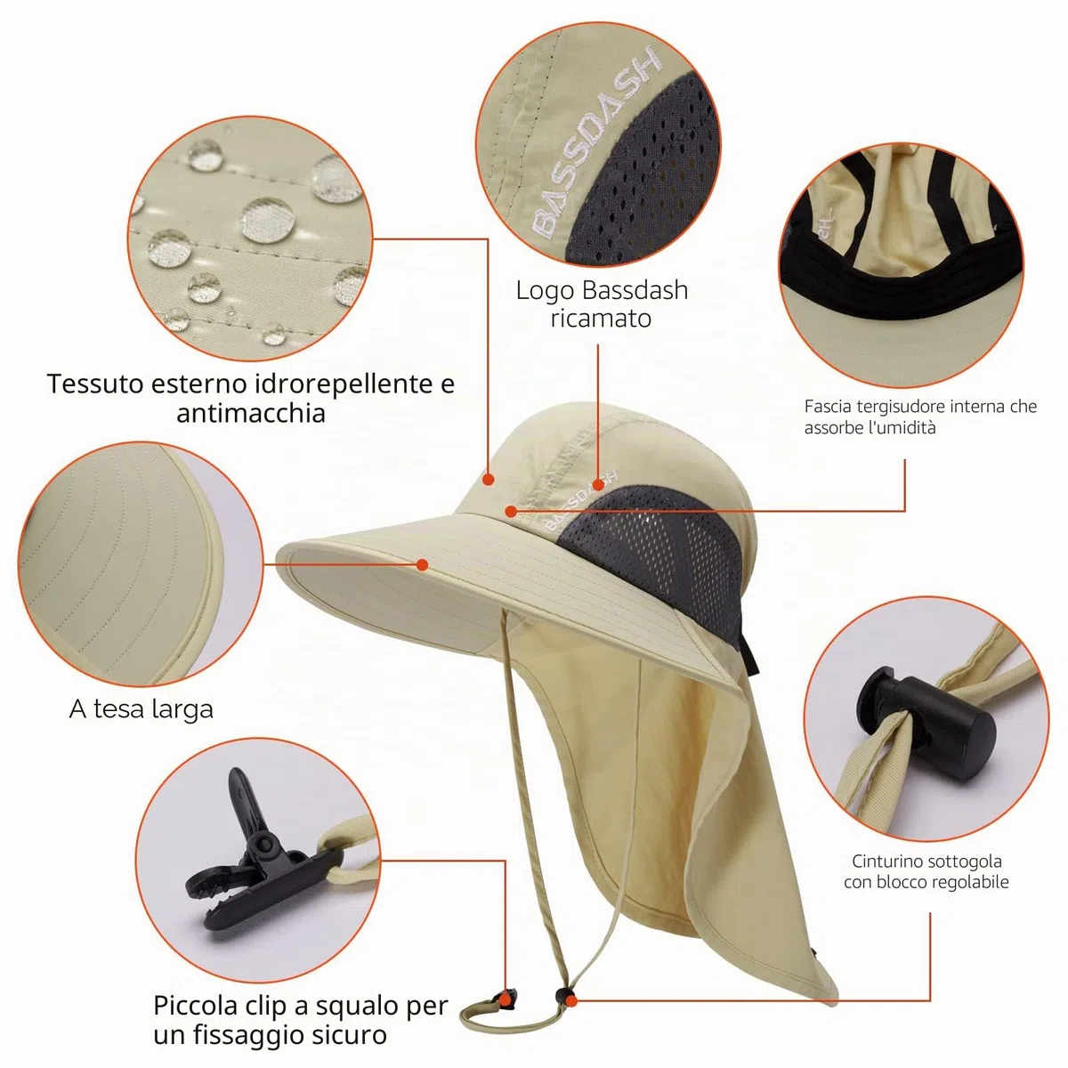 Bassdash Cappello da Sole Unisex UPF 50+ Cappello da Pesca Idrorepellente Tesa Larga con Ampia Protezione del Collo Coda di Cavallo Uomo Donna