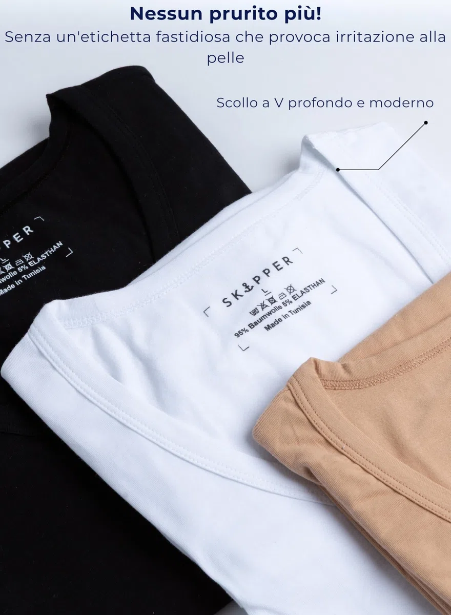 SKIPPER Confezione da 3 T-Shirt Uomo Stretch Scollo a V Profondo – Magliette Intime Slim Fit in Cotone Elasticizzato, Invisibili sotto la Camicia, Bianco Nero Beige e Mix, S–3XL